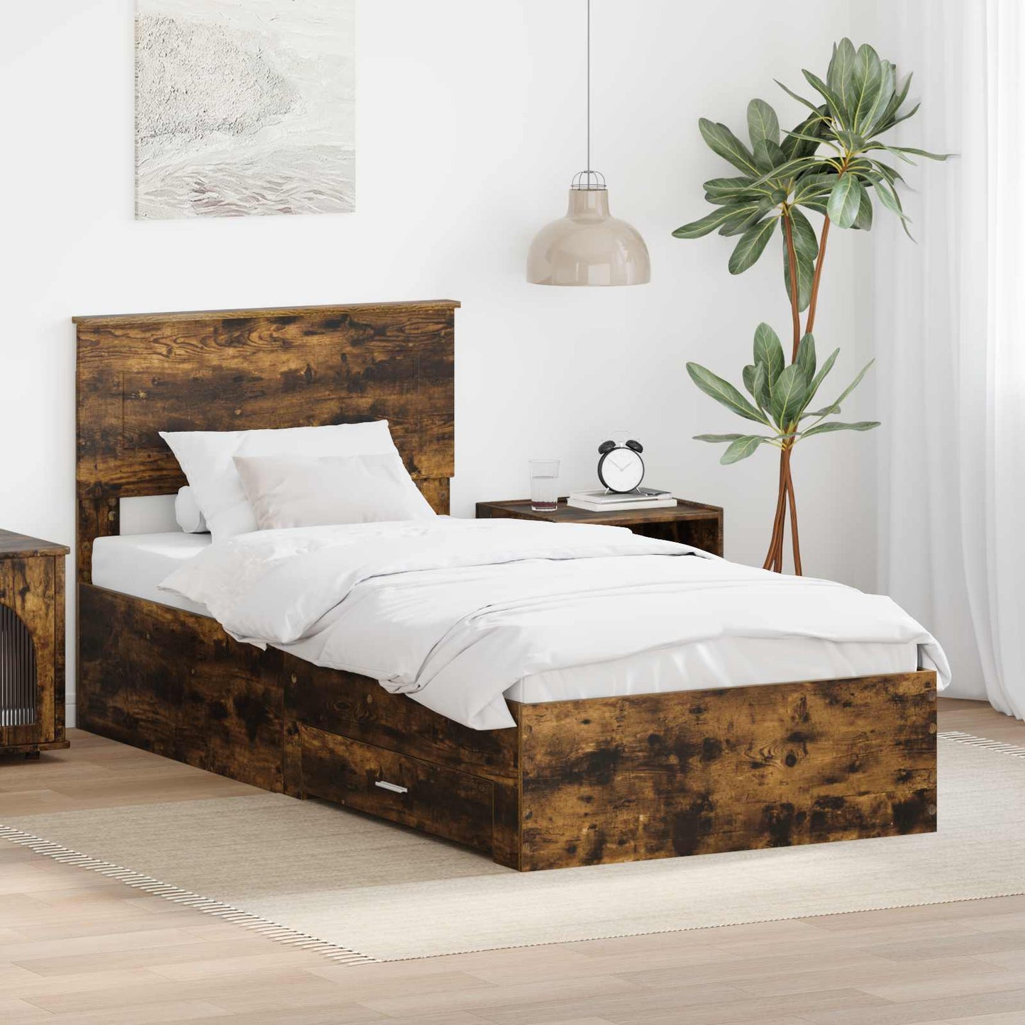 Bedframe met hoofdeinde Gerookt eiken 100 x 200 cm Bewerkt hout is nu te koop bij PeponiXL, paradijselijk wonen!