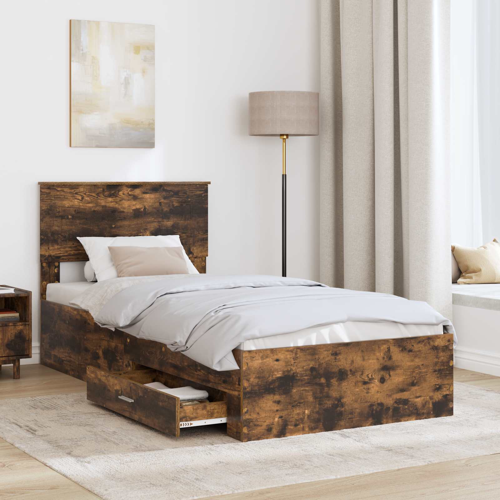 Bedframe met hoofdeinde Gerookt eiken 90 x 200 cm Bewerkt hout is nu te koop bij PeponiXL, paradijselijk wonen!