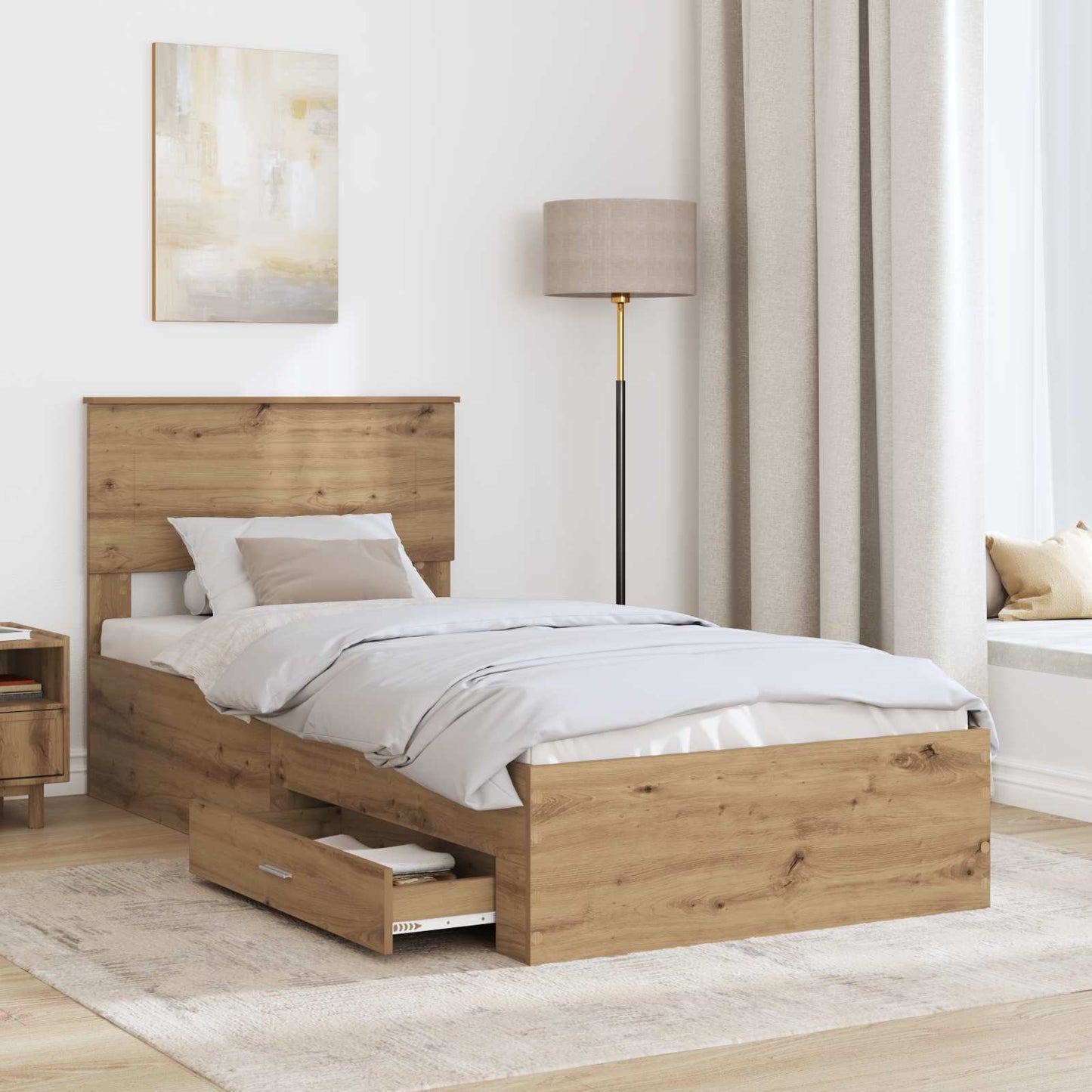 Bedframe met hoofdeinde Artisan Eiken 90 x 200 cm Bewerkt hout is nu te koop bij PeponiXL, paradijselijk wonen!