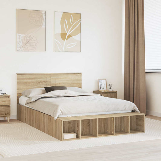 Bedframe met plank Sonoma Eiken 140 x 200 cm Bewerkt hout is nu te koop bij PeponiXL, paradijselijk wonen!