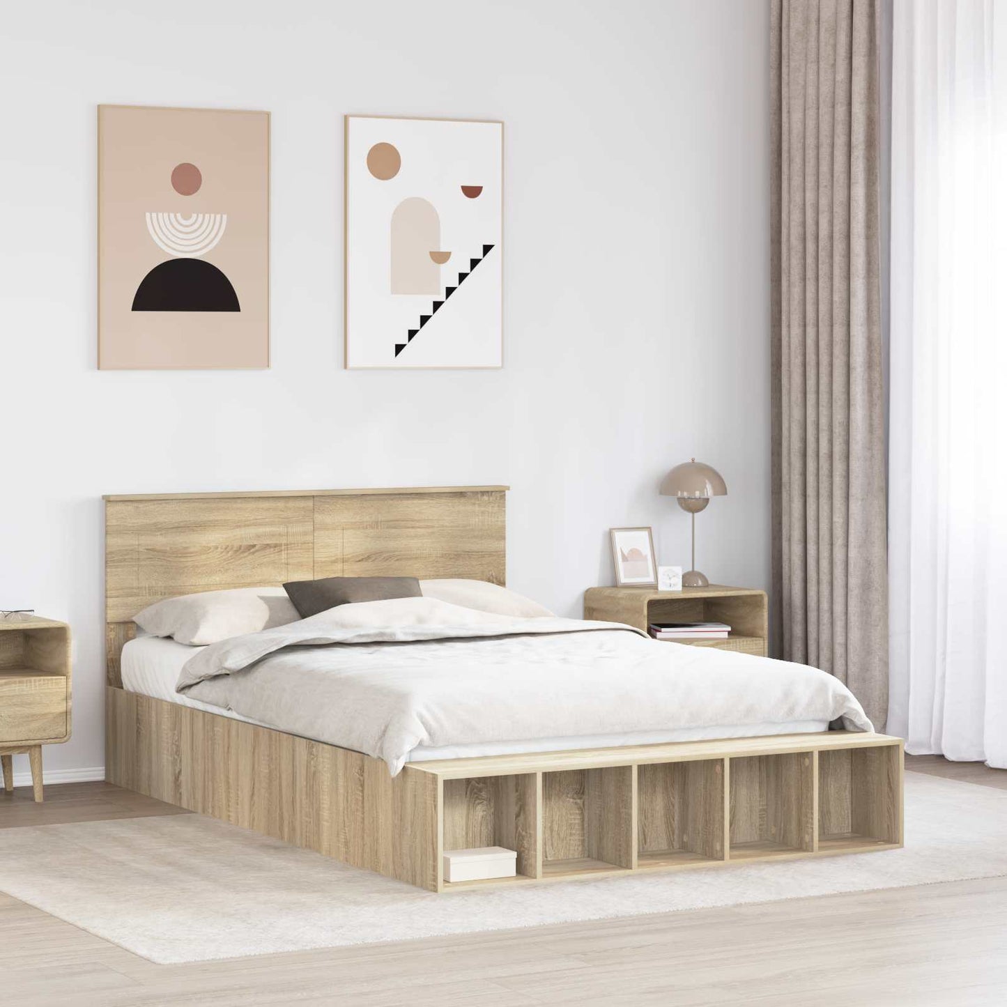 Bedframe met plank Sonoma Eiken 140 x 200 cm Bewerkt hout is nu te koop bij PeponiXL, paradijselijk wonen!