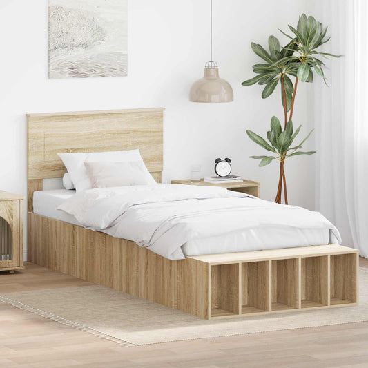 Bedframe met plank Sonoma Eiken 90 x 190 cm Bewerkt hout is nu te koop bij PeponiXL, paradijselijk wonen!