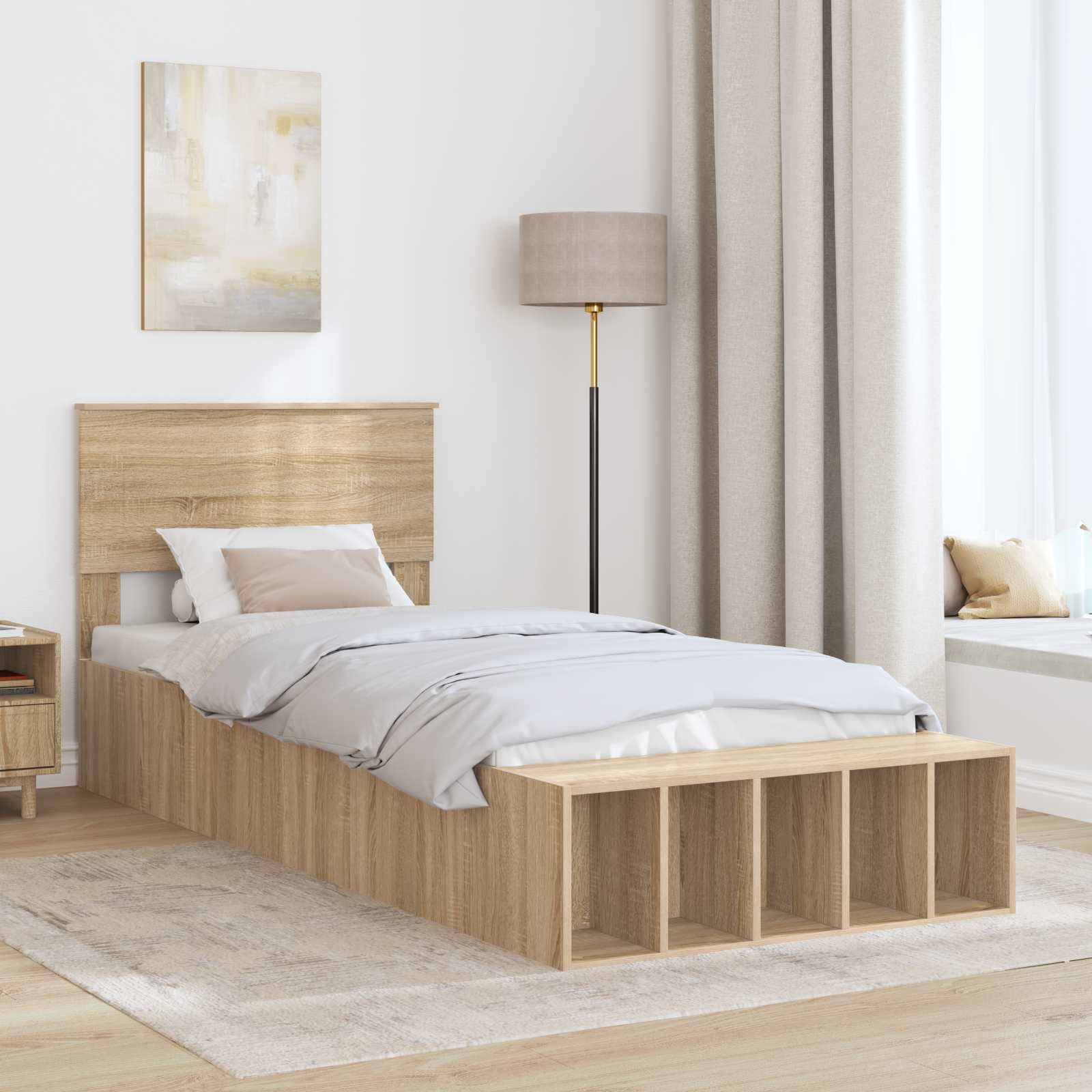 Bedframe met plank Sonoma Eiken 90 x 190 cm Bewerkt hout is nu te koop bij PeponiXL, paradijselijk wonen!
