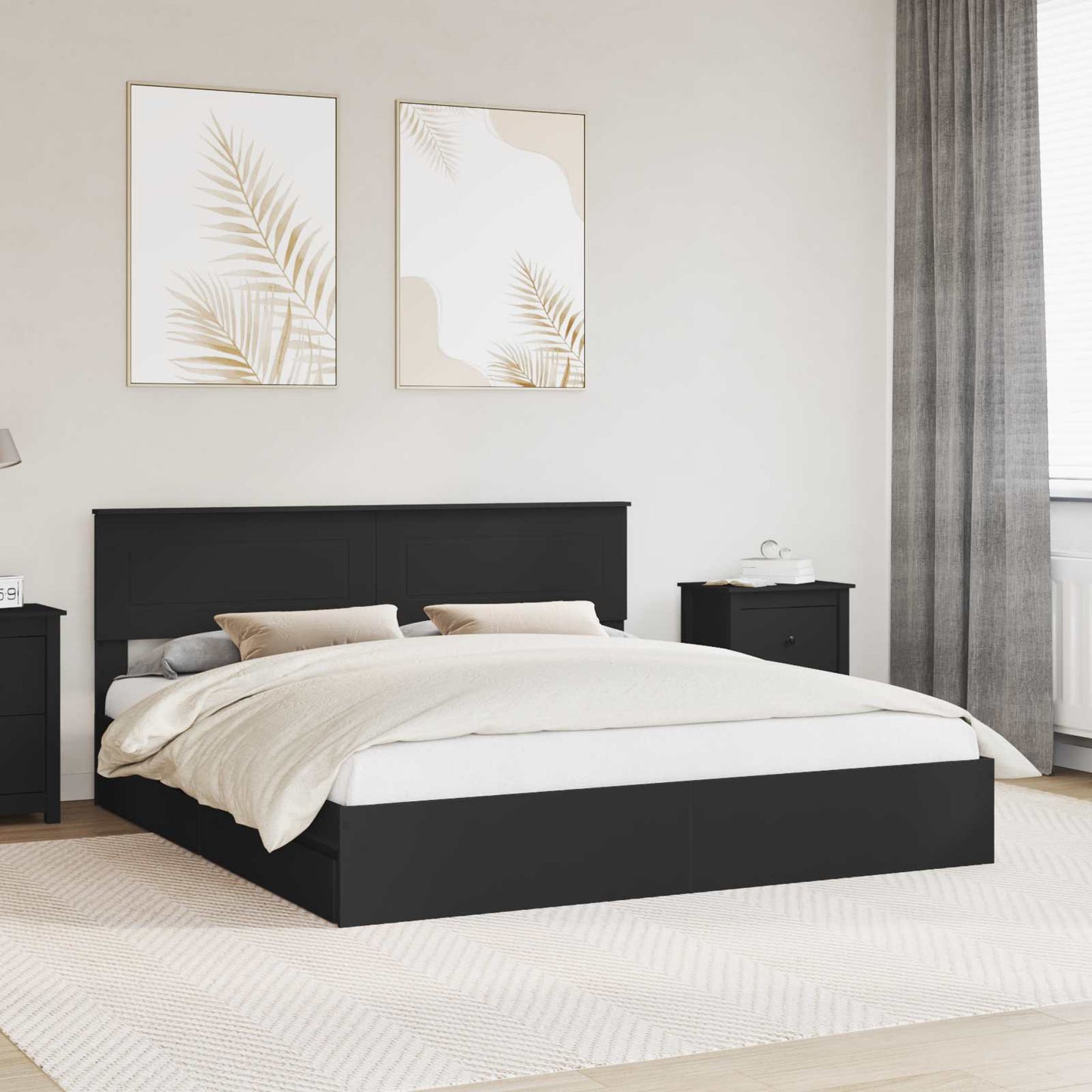 Opslag bed met hoofdeinde Zwart 200 x 200 cm Bewerkt hout is nu te koop bij PeponiXL, paradijselijk wonen!