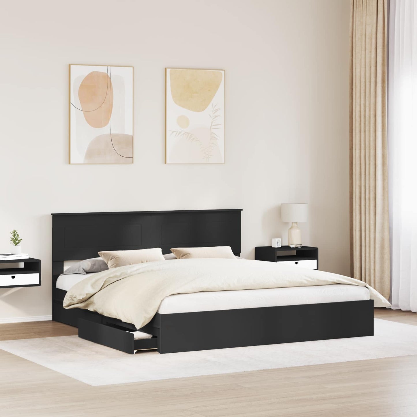 Opslag bed met hoofdeinde Zwart 200 x 200 cm Bewerkt hout is nu te koop bij PeponiXL, paradijselijk wonen!