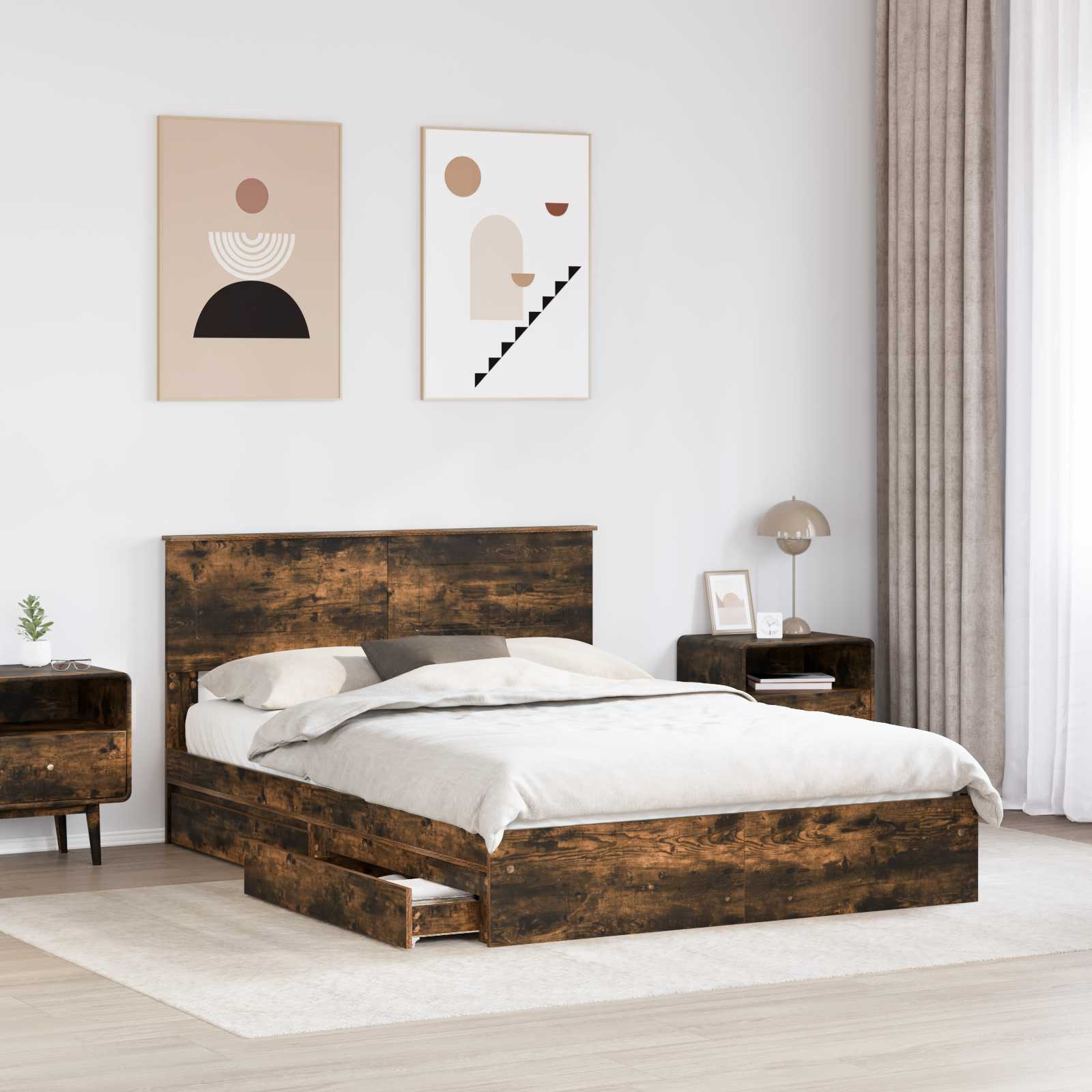 Opslag bed met lade Gerookt eiken 160 x 200 cm Bewerkt hout is nu te koop bij PeponiXL, paradijselijk wonen!