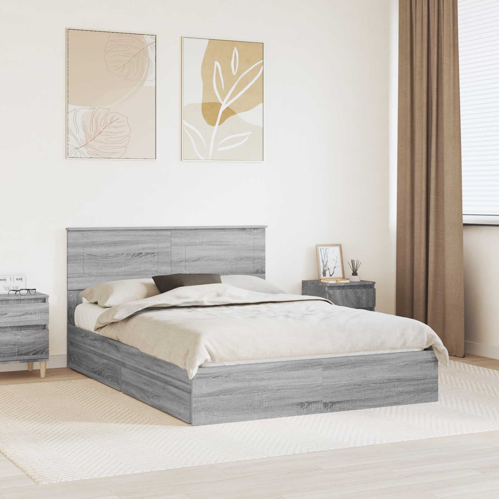 Opslag bed met lade Grijs Sonoma 150 x 200 cm Bewerkt hout is nu te koop bij PeponiXL, paradijselijk wonen!