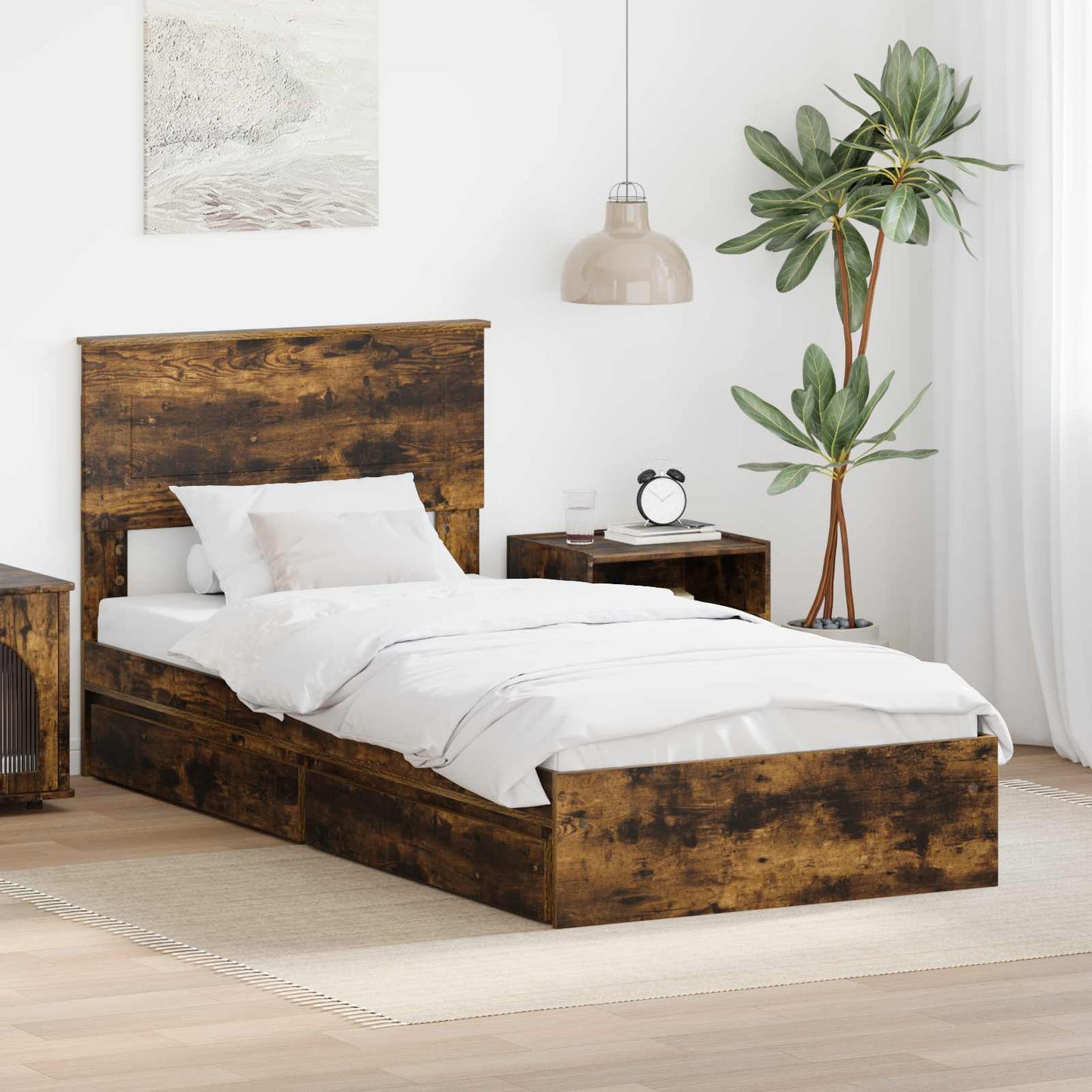 Opslag bed met lade Gerookt eiken 100 x 200 cm Bewerkt hout is nu te koop bij PeponiXL, paradijselijk wonen!