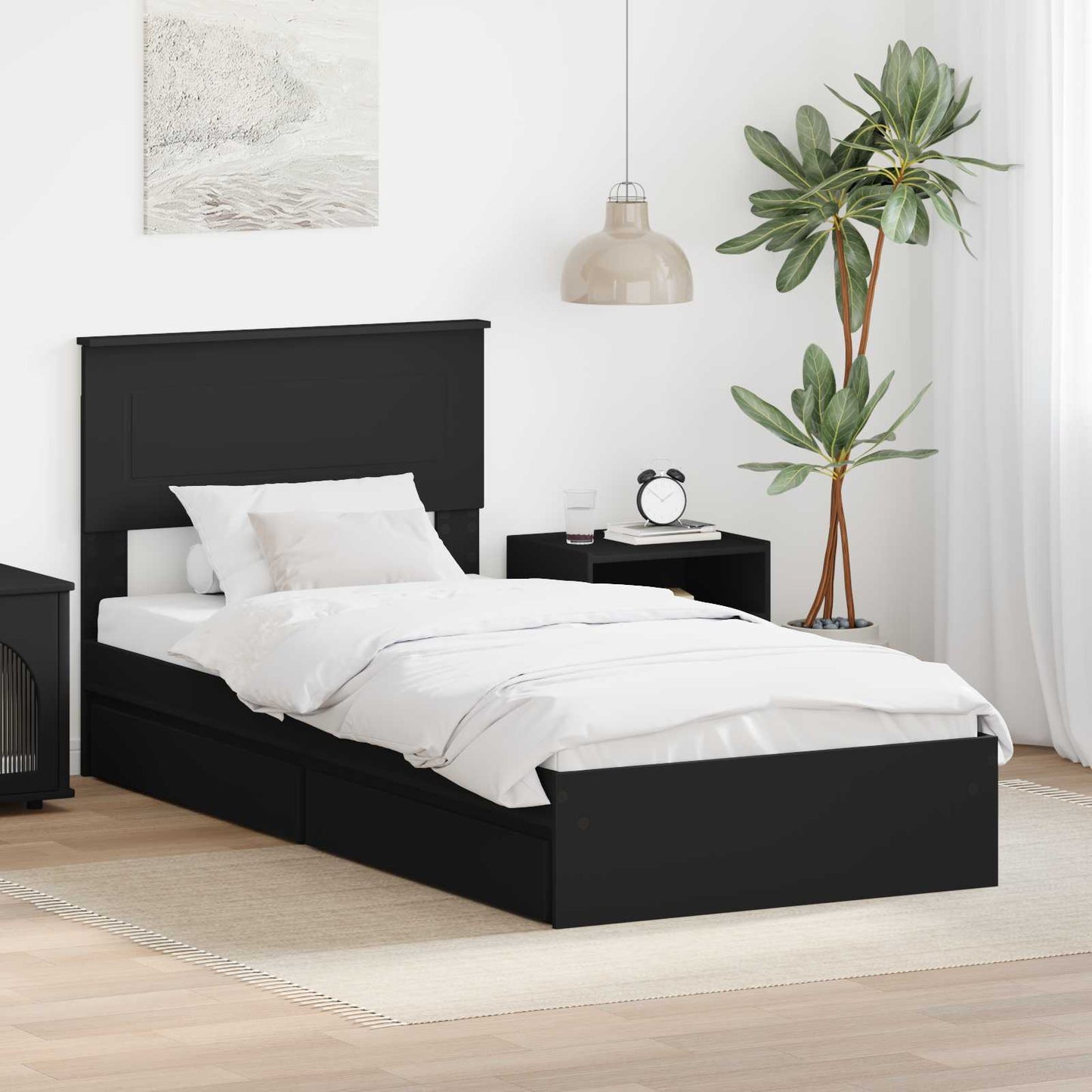 Opslag bed met hoofdeinde Zwart 75 x 190 cm Bewerkt hout is nu te koop bij PeponiXL, paradijselijk wonen!