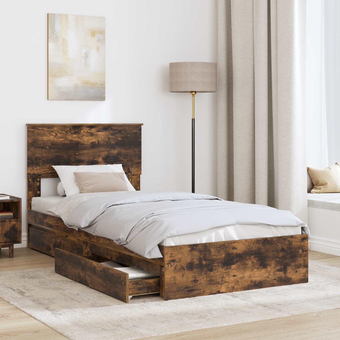 Opslag bed met lade Gerookt eiken 75 x 190 cm Bewerkt hout is nu te koop bij PeponiXL, paradijselijk wonen!