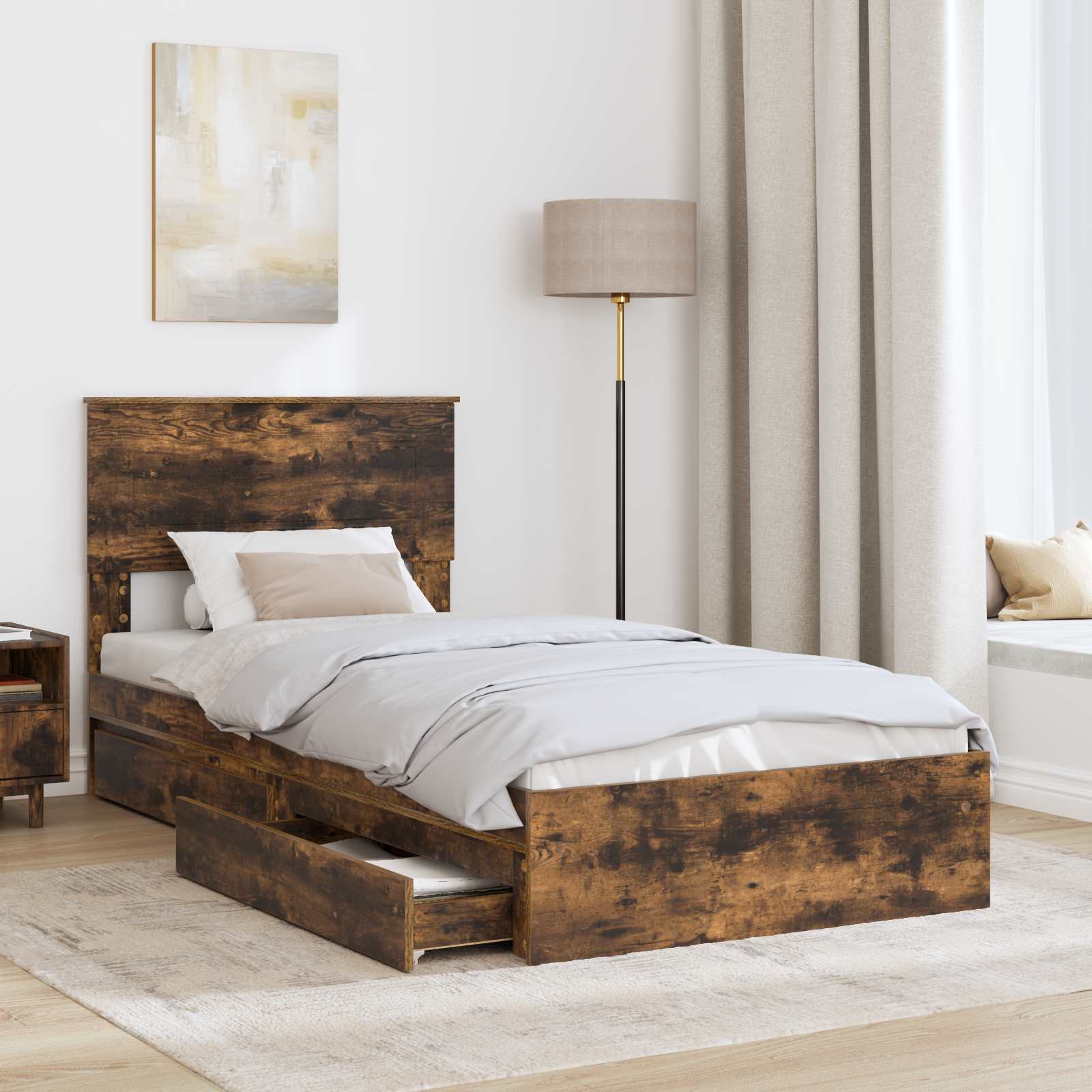 Opslag bed met lade Gerookt eiken 75 x 190 cm Bewerkt hout is nu te koop bij PeponiXL, paradijselijk wonen!