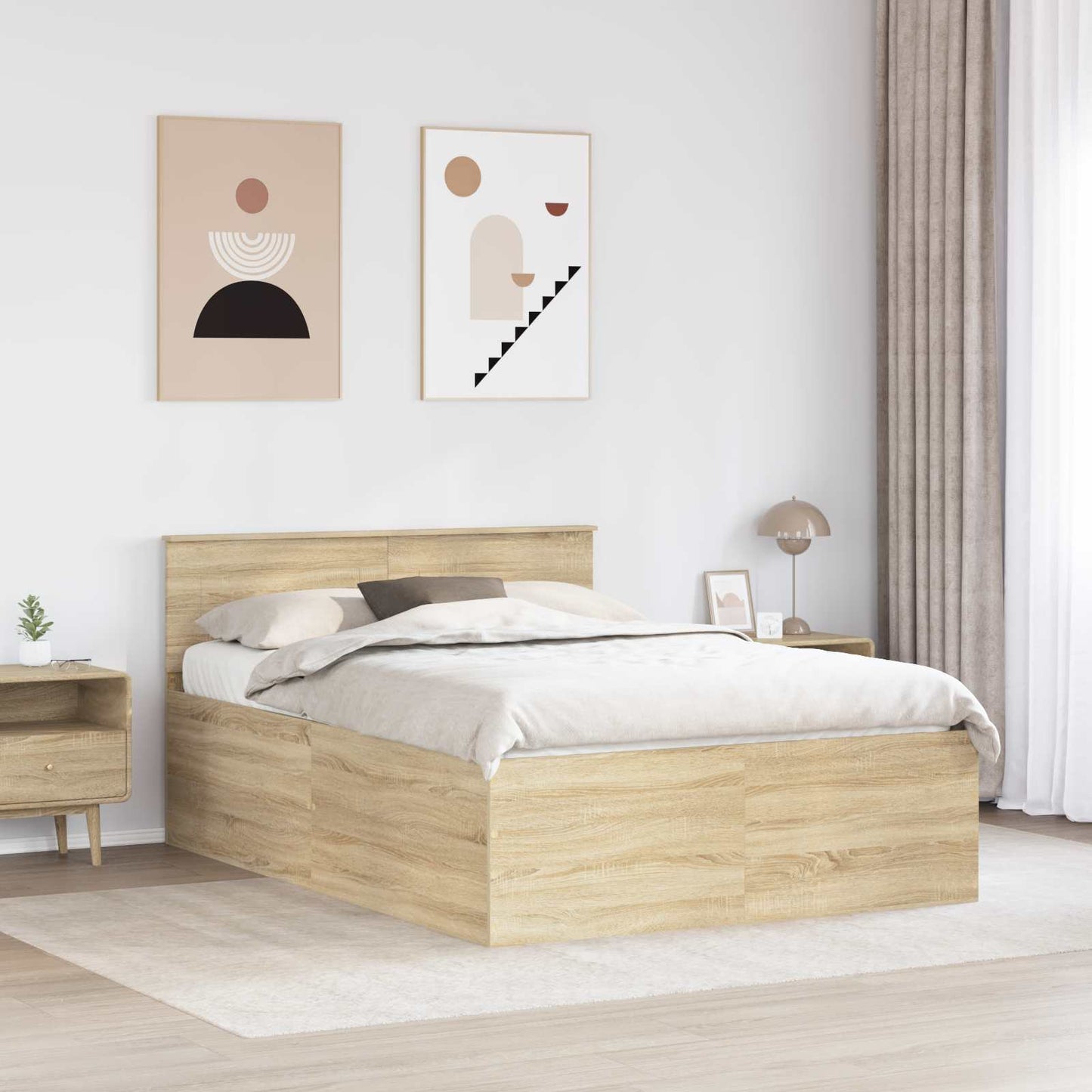 Bedframe met hoofdeinde Sonoma Eiken 150 x 200 cm Bewerkt hout is nu te koop bij PeponiXL, paradijselijk wonen!