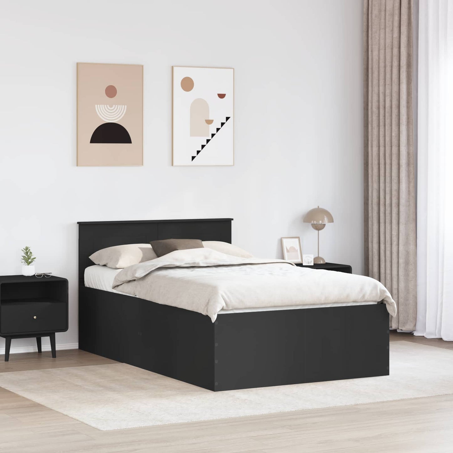 Bedframe met hoofdeinde Zwart 135 x 190 cm Bewerkt hout is nu te koop bij PeponiXL, paradijselijk wonen!