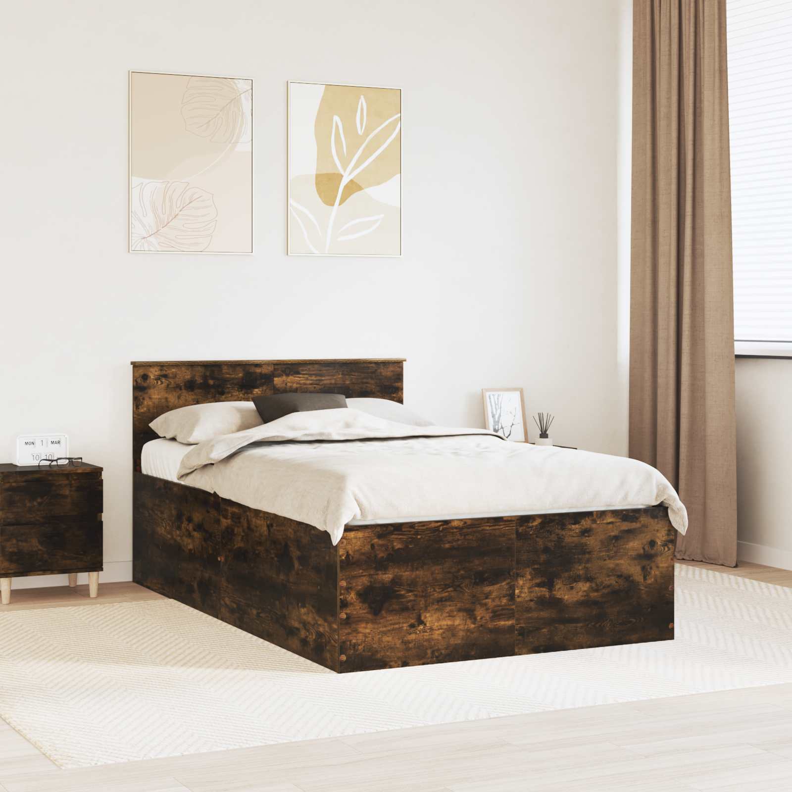 Bedframe met hoofdeinde Gerookt eiken 135 x 190 cm Bewerkt hout is nu te koop bij PeponiXL, paradijselijk wonen!