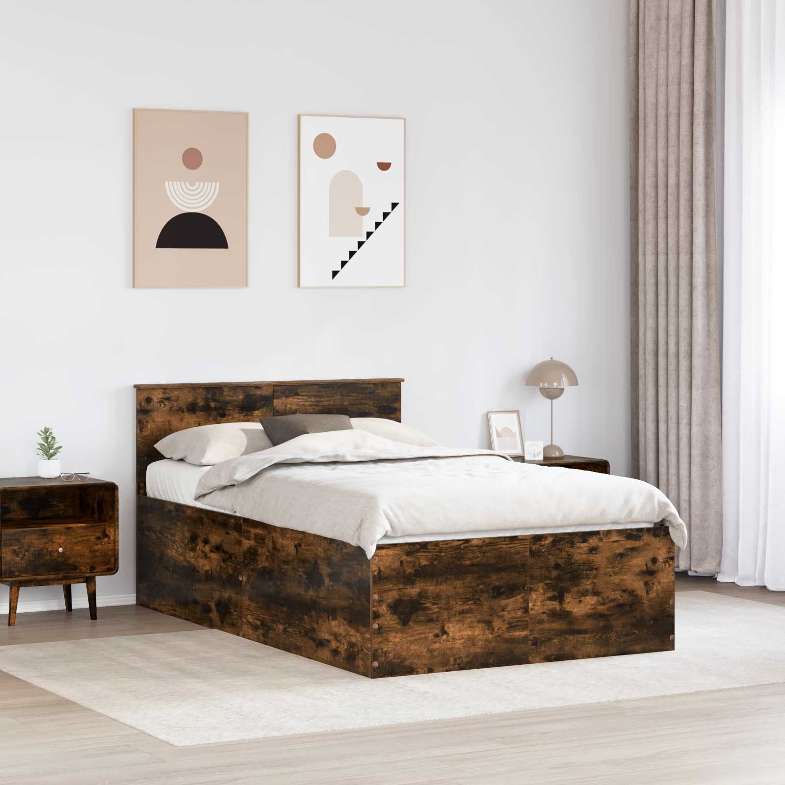Bedframe met hoofdeinde Gerookt eiken 135 x 190 cm Bewerkt hout is nu te koop bij PeponiXL, paradijselijk wonen!