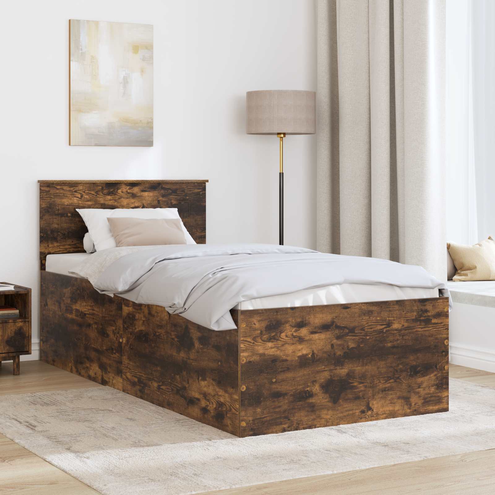 Bedframe met hoofdeinde Gerookt eiken 75 x 190 cm Bewerkt hout is nu te koop bij PeponiXL, paradijselijk wonen!