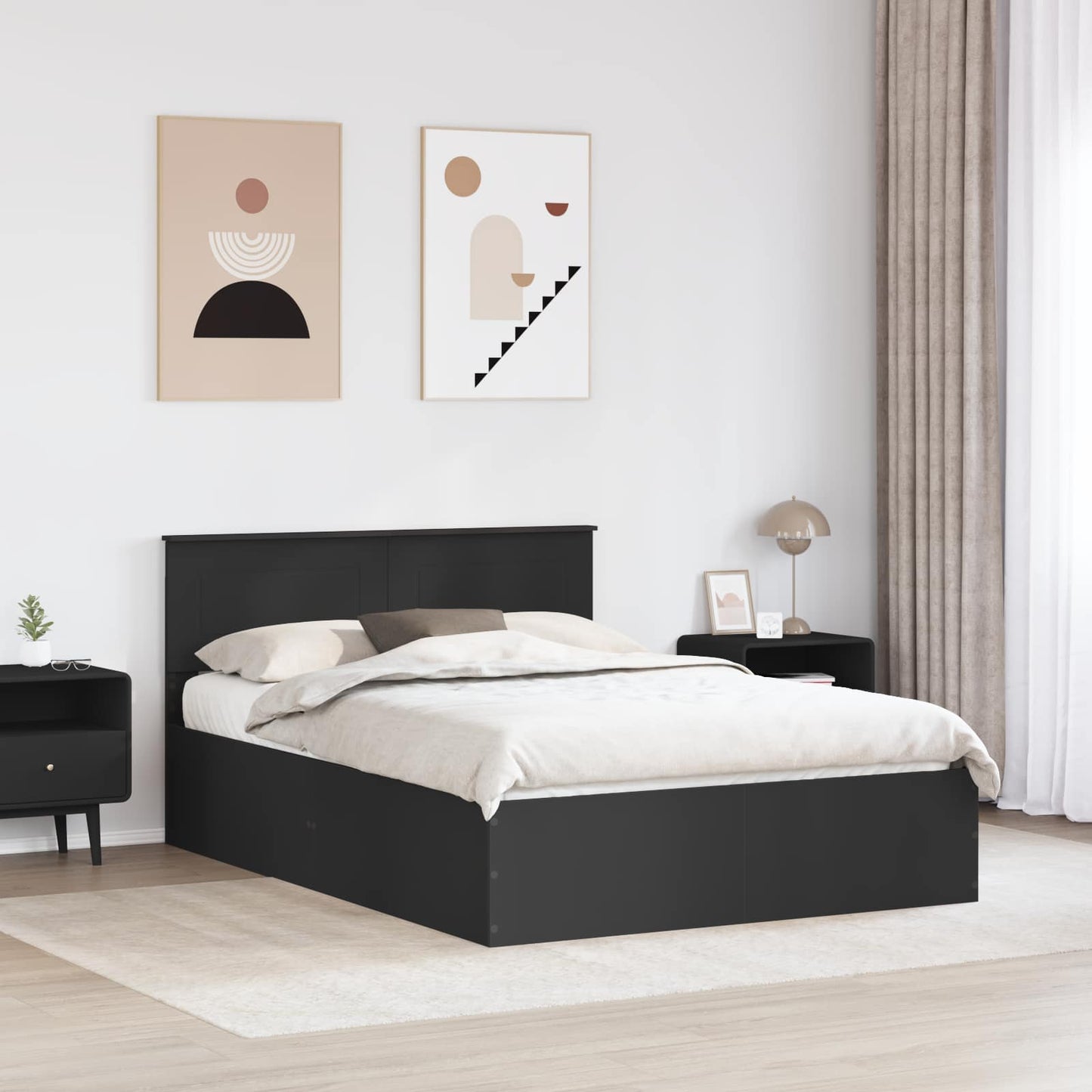 Bedframe met hoofdeinde Zwart 150 x 200 cm Bewerkt hout is nu te koop bij PeponiXL, paradijselijk wonen!