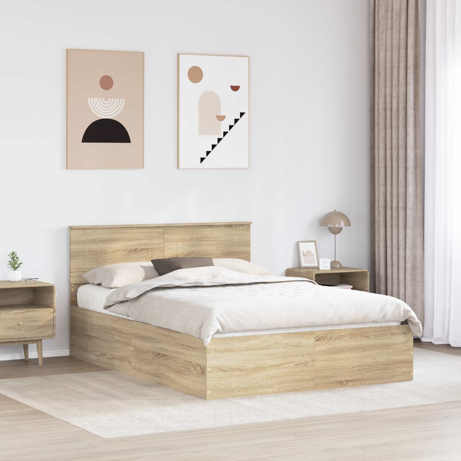 Bedframe met hoofdeinde Sonoma Eiken 150 x 200 cm Bewerkt hout is nu te koop bij PeponiXL, paradijselijk wonen!