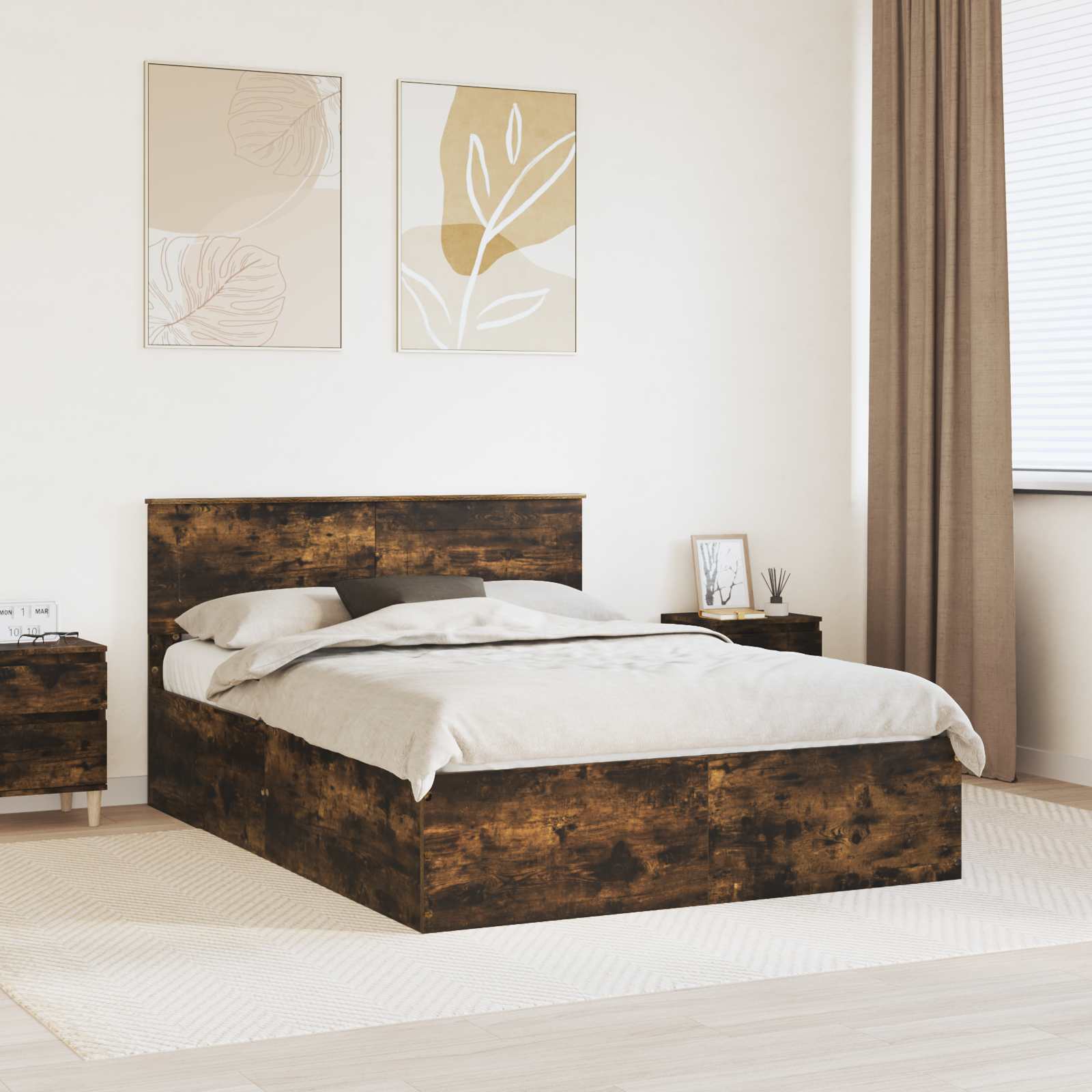 Bedframe met hoofdeinde Gerookt eiken 150 x 200 cm Bewerkt hout is nu te koop bij PeponiXL, paradijselijk wonen!
