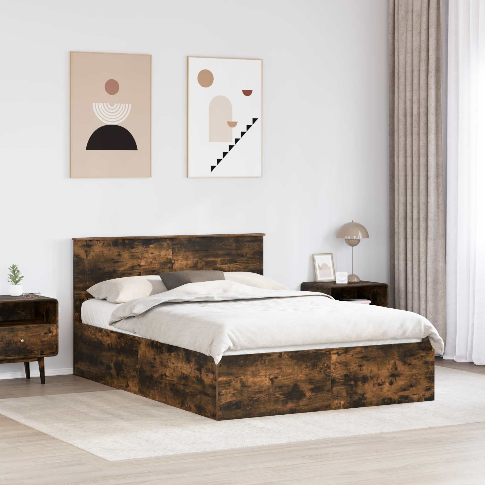 Bedframe met hoofdeinde Gerookt eiken 150 x 200 cm Bewerkt hout is nu te koop bij PeponiXL, paradijselijk wonen!