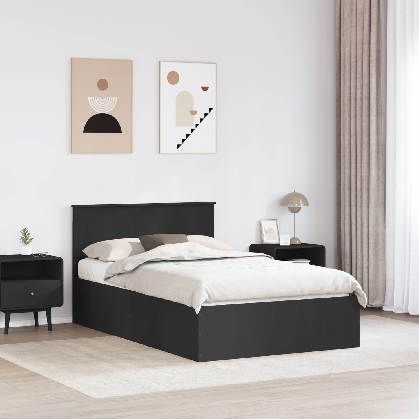 Bedframe met hoofdeinde Zwart 135 x 190 cm Bewerkt hout is nu te koop bij PeponiXL, paradijselijk wonen!