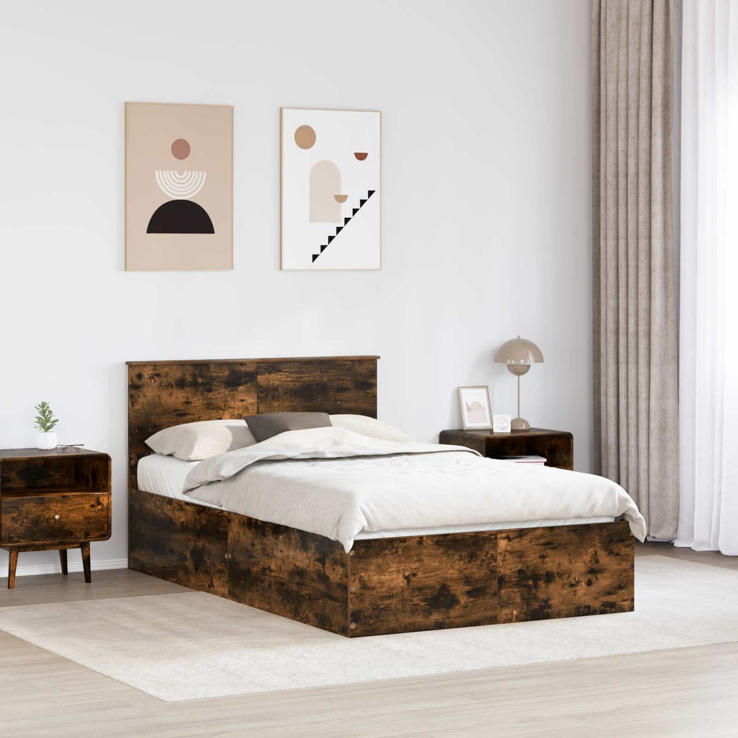 Bedframe met hoofdeinde Gerookt eiken 135 x 190 cm Bewerkt hout is nu te koop bij PeponiXL, paradijselijk wonen!