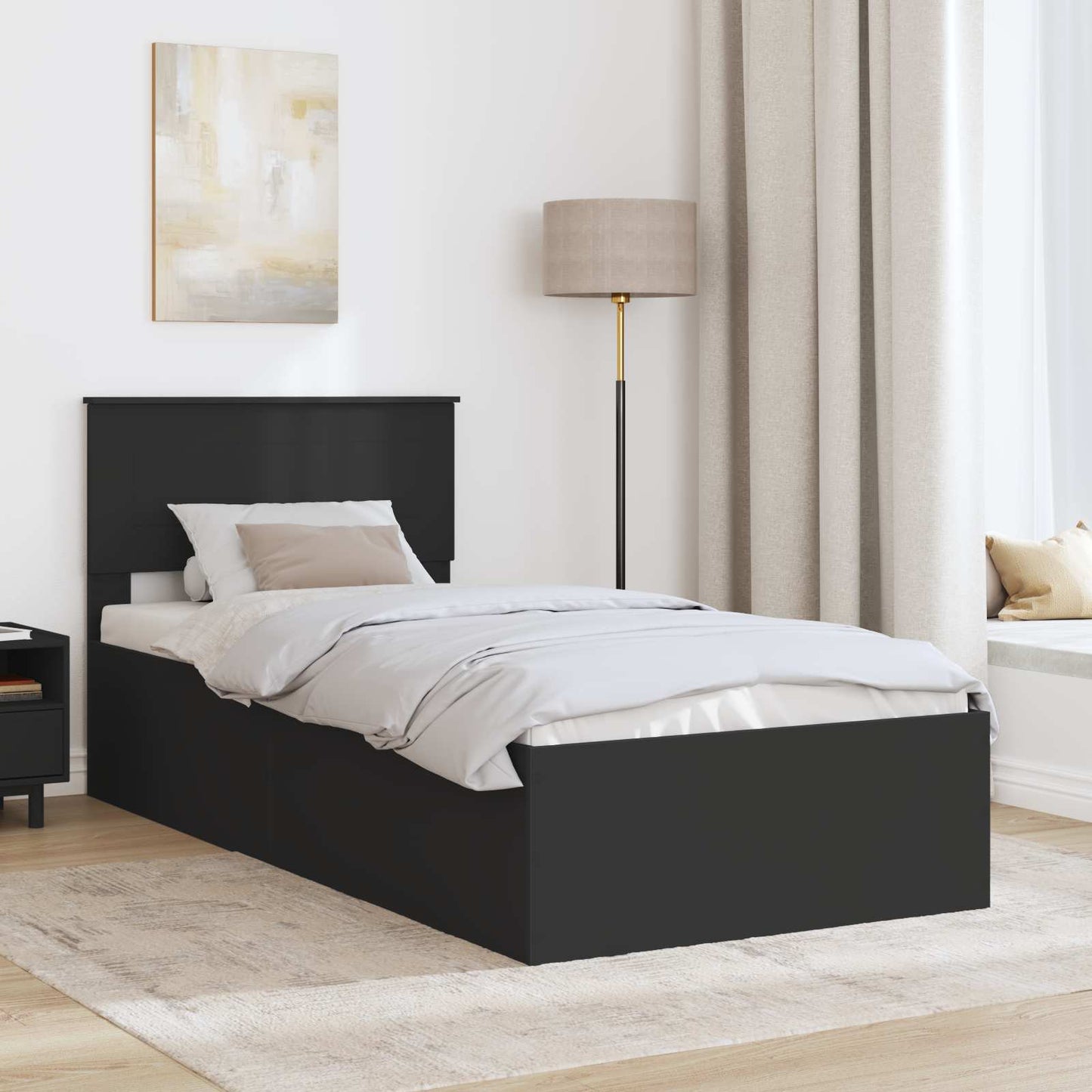 Bedframe met hoofdeinde Zwart 100 x 200 cm Bewerkt hout is nu te koop bij PeponiXL, paradijselijk wonen!