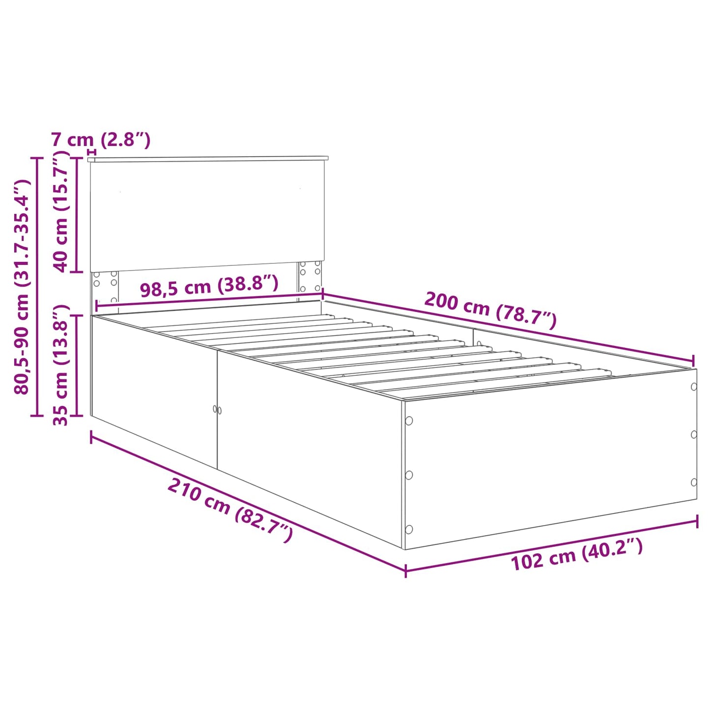 Bedframe met hoofdeinde Grijs Sonoma 100 x 200 cm Bewerkt hout is nu te koop bij PeponiXL, paradijselijk wonen!