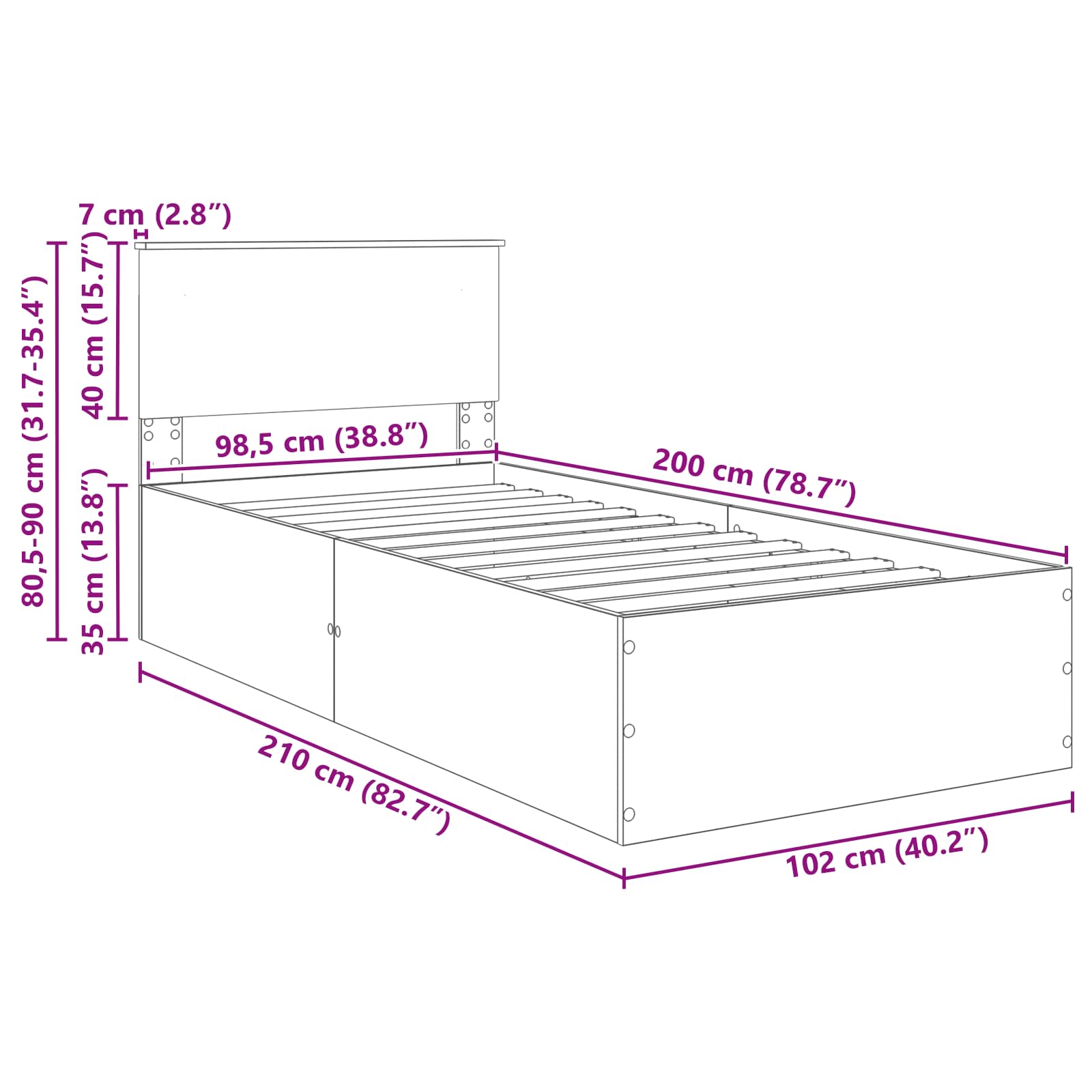 Bedframe met hoofdeinde Grijs Sonoma 100 x 200 cm Bewerkt hout is nu te koop bij PeponiXL, paradijselijk wonen!