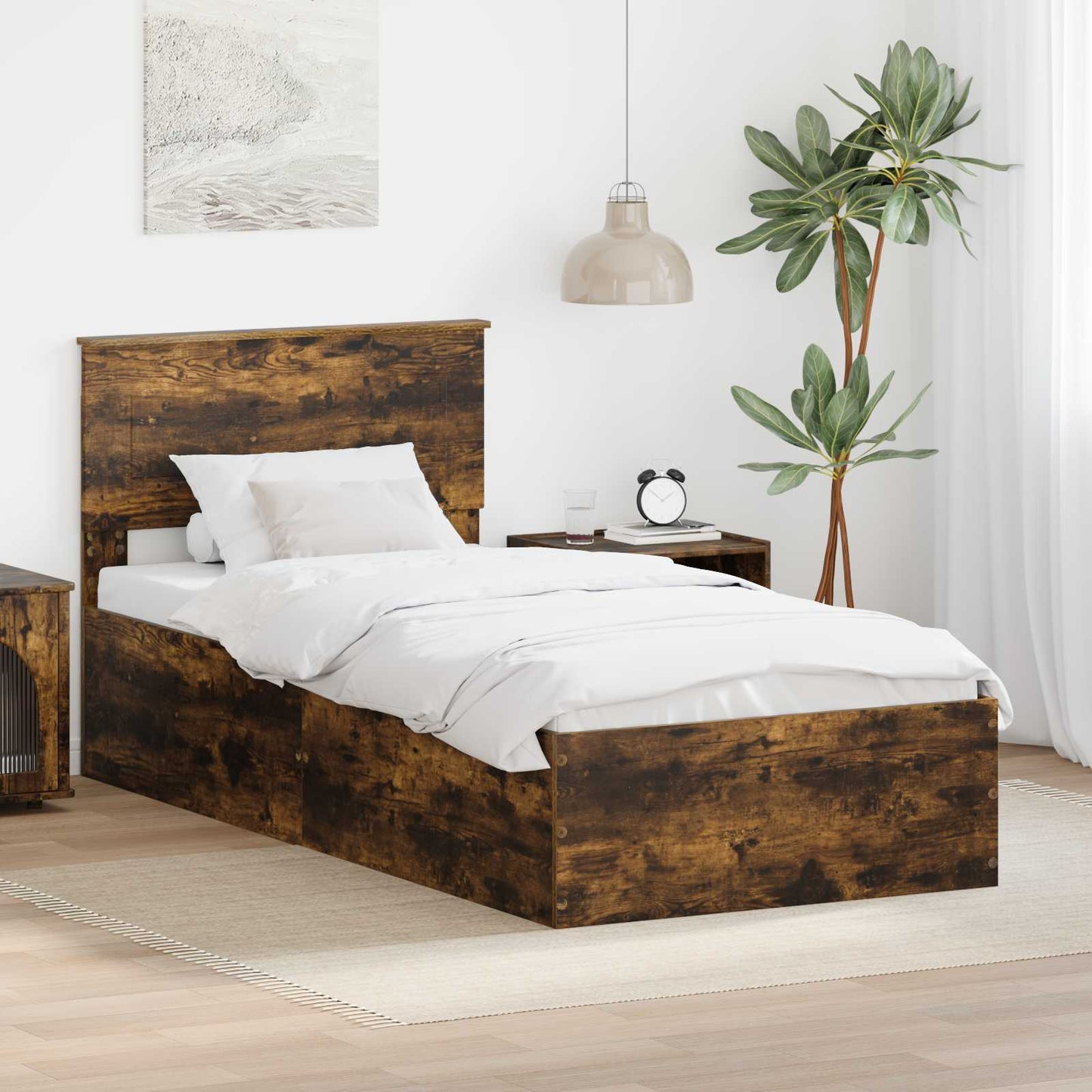 Bedframe met hoofdeinde Gerookt eiken 90 x 190 cm Bewerkt hout is nu te koop bij PeponiXL, paradijselijk wonen!