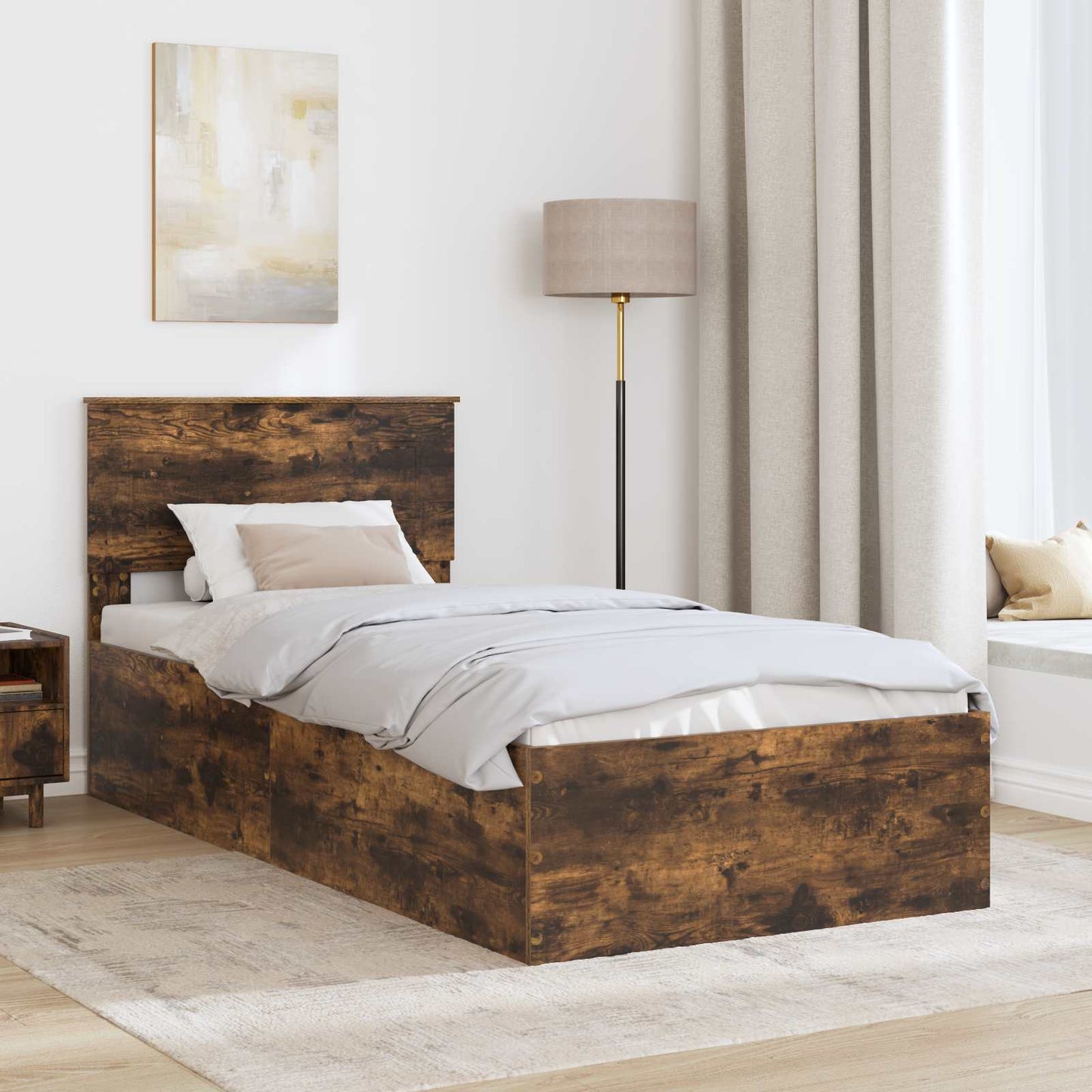 Bedframe met hoofdeinde Gerookt eiken 75 x 190 cm Bewerkt hout is nu te koop bij PeponiXL, paradijselijk wonen!