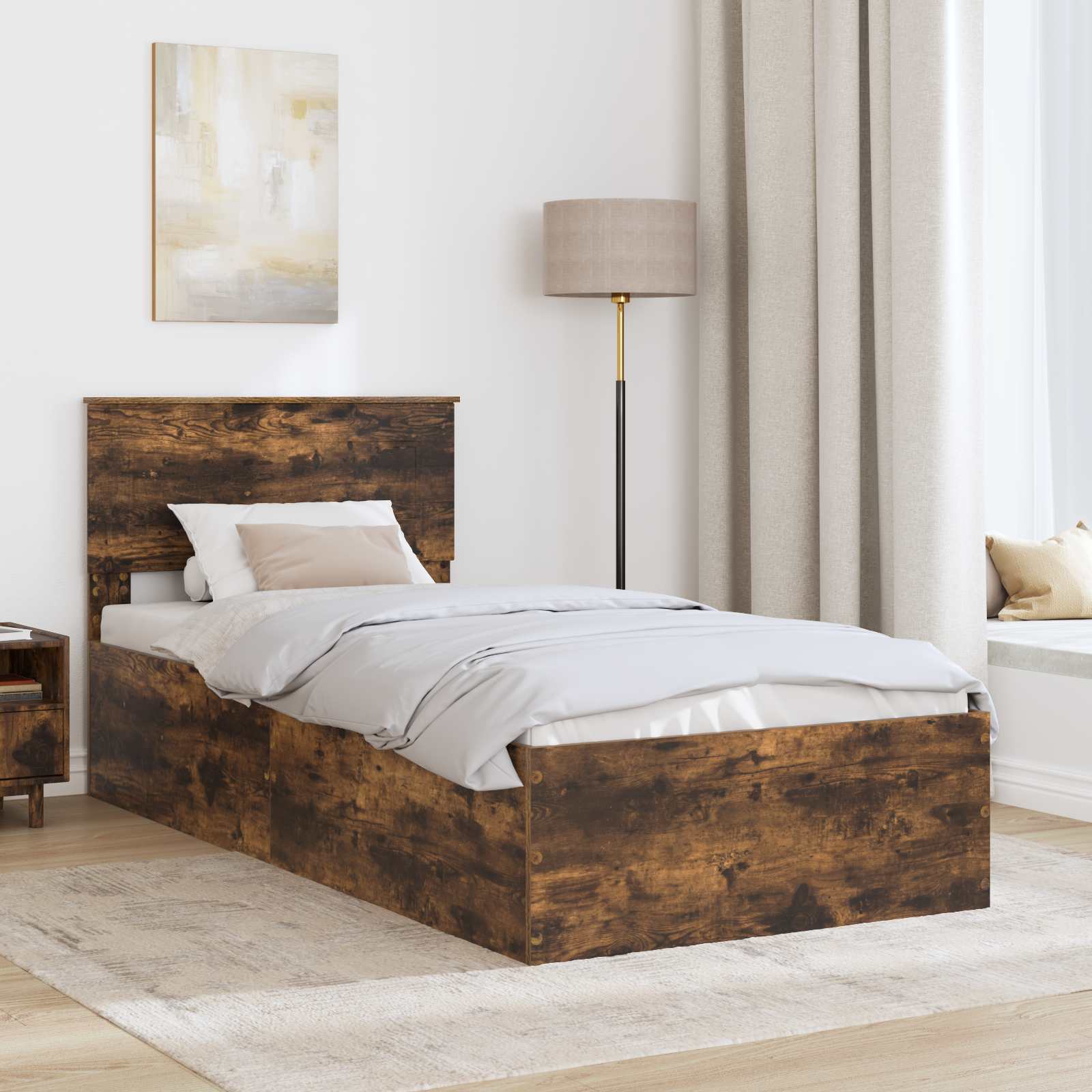 Bedframe met hoofdeinde Gerookt eiken 75 x 190 cm Bewerkt hout is nu te koop bij PeponiXL, paradijselijk wonen!