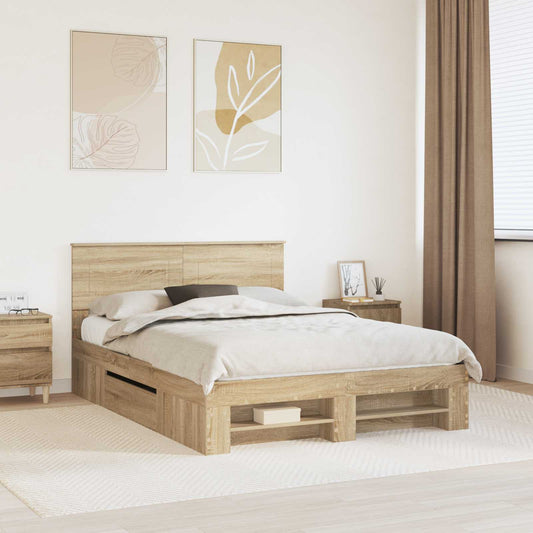 Bedframe met hoofdeinde Sonoma Eiken 160 x 200 cm Bewerkt hout is nu te koop bij PeponiXL, paradijselijk wonen!