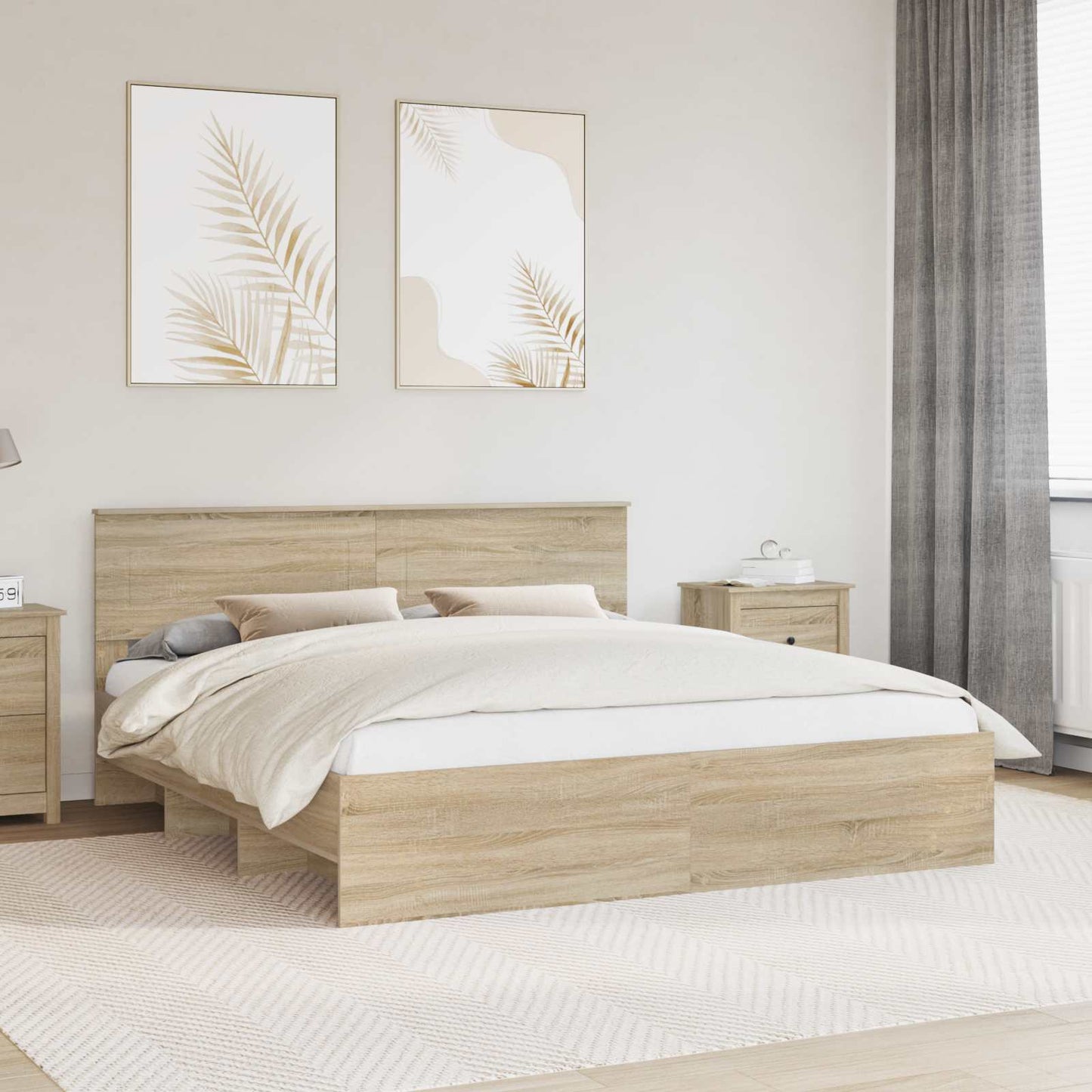 Bedframe met hoofdeinde Sonoma Eiken 200 x 200 cm Bewerkt hout is nu te koop bij PeponiXL, paradijselijk wonen!