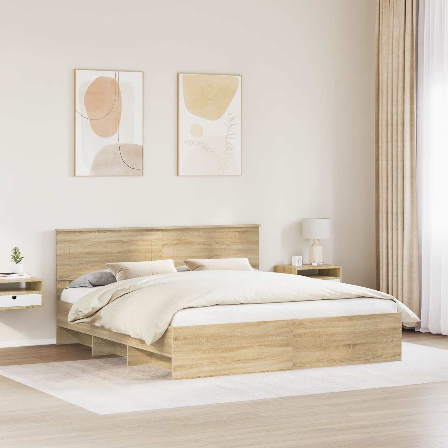 Bedframe met hoofdeinde Sonoma Eiken 200 x 200 cm Bewerkt hout is nu te koop bij PeponiXL, paradijselijk wonen!