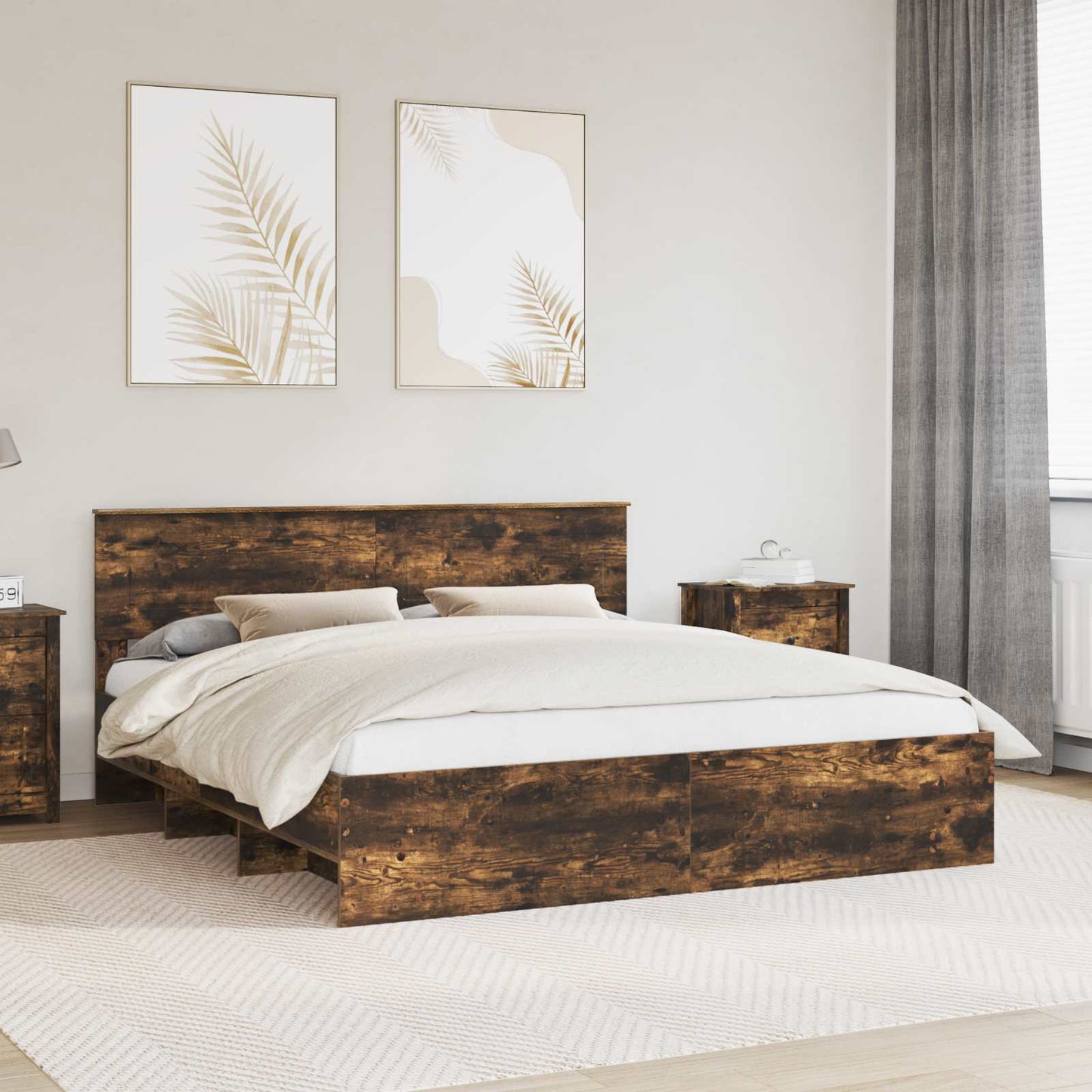 Bedframe met hoofdeinde Gerookt eiken 200 x 200 cm Bewerkt hout is nu te koop bij PeponiXL, paradijselijk wonen!