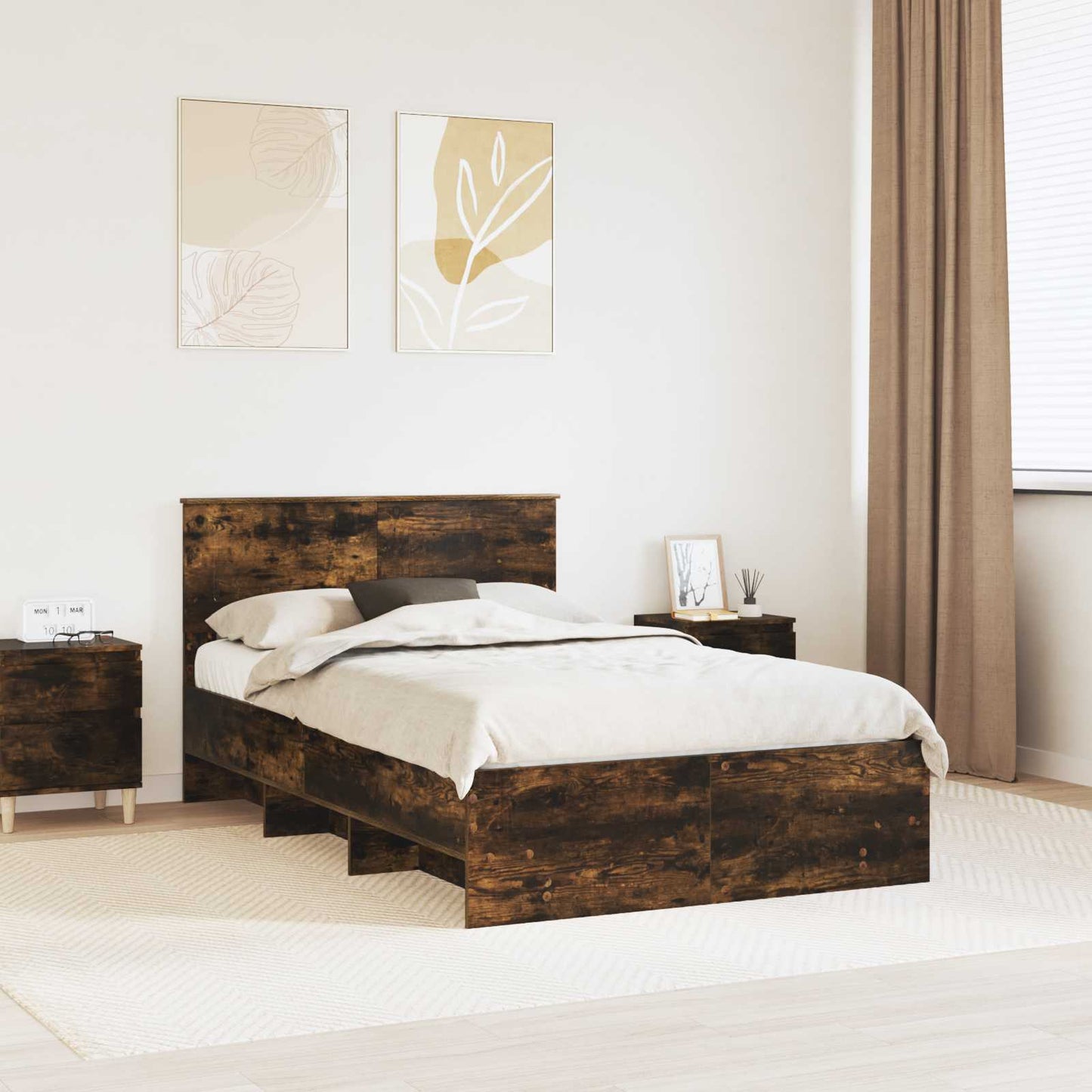 Bedframe met hoofdeinde Gerookt eiken 137 x 203 cm Bewerkt hout is nu te koop bij PeponiXL, paradijselijk wonen!