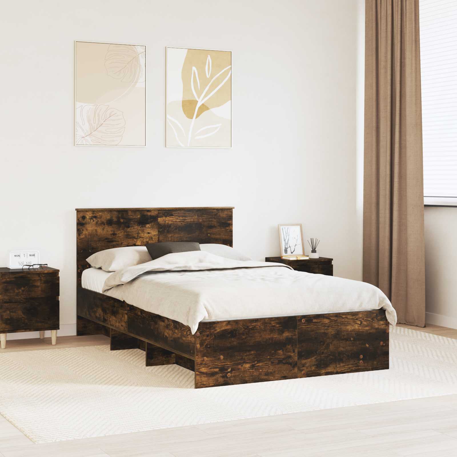 Bedframe met hoofdeinde Gerookt eiken 120 x 123 cm Bewerkt hout is nu te koop bij PeponiXL, paradijselijk wonen!