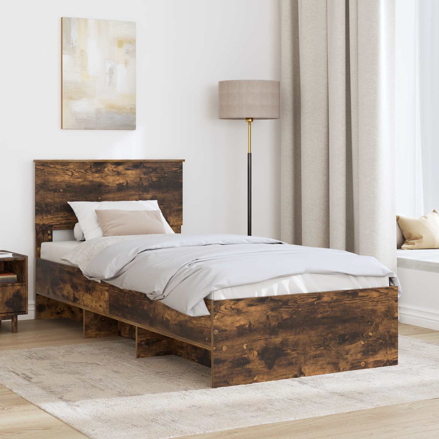 Bedframe met hoofdeinde Gerookt eiken 90 x 200 cm Bewerkt hout is nu te koop bij PeponiXL, paradijselijk wonen!
