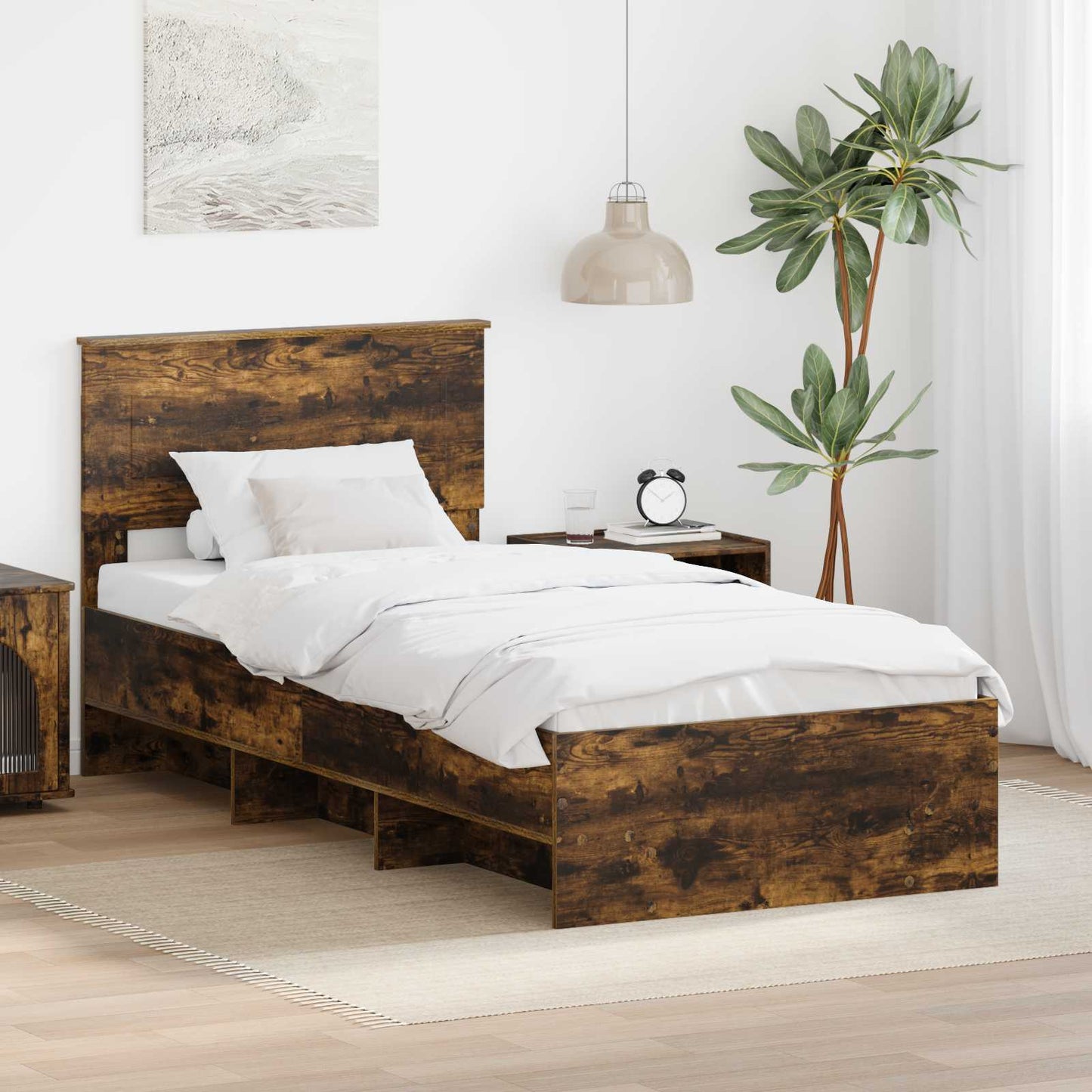 Bedframe met hoofdeinde Gerookt eiken 80 x 200 cm Bewerkt hout is nu te koop bij PeponiXL, paradijselijk wonen!