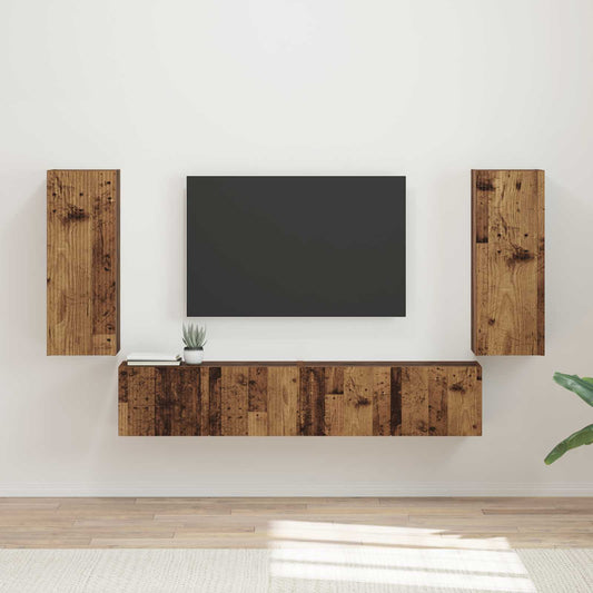 TV Wandkast Set Wandgemonteerd 4 pcs Oudhout Bewerkt hout is nu te koop bij PeponiXL, paradijselijk wonen!