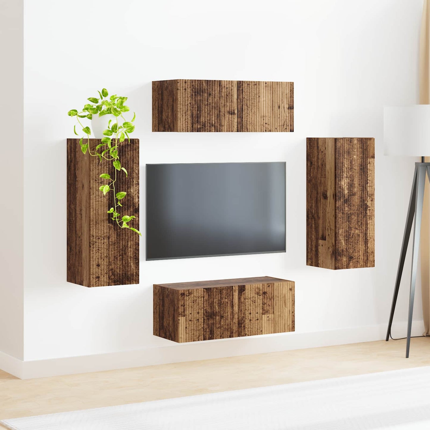 TV Wandkast Set Wandgemonteerd 4 pcs Oudhout Bewerkt hout is nu te koop bij PeponiXL, paradijselijk wonen!