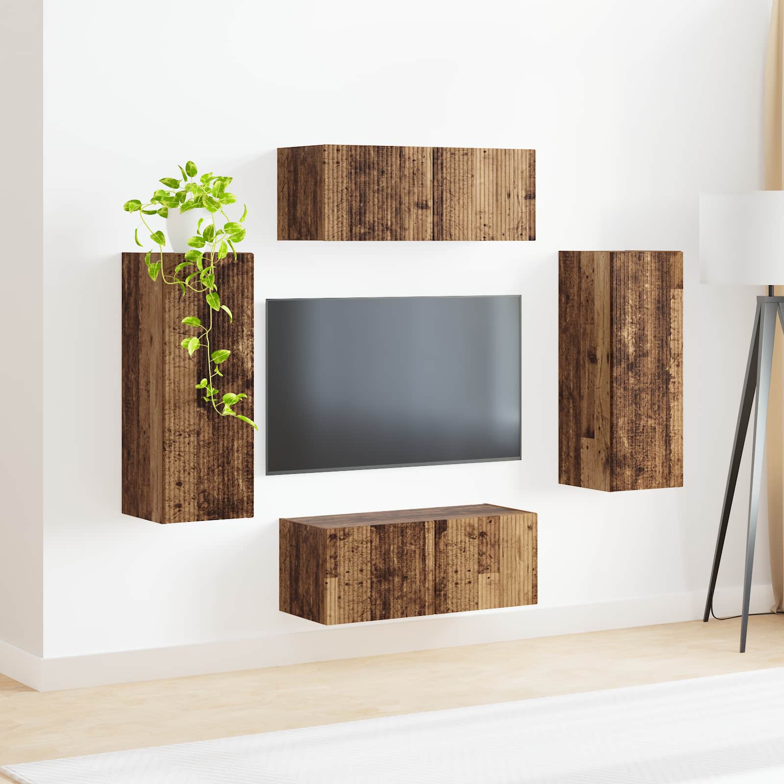TV Wandkast Set Wandgemonteerd 4 pcs Oudhout Bewerkt hout is nu te koop bij PeponiXL, paradijselijk wonen!
