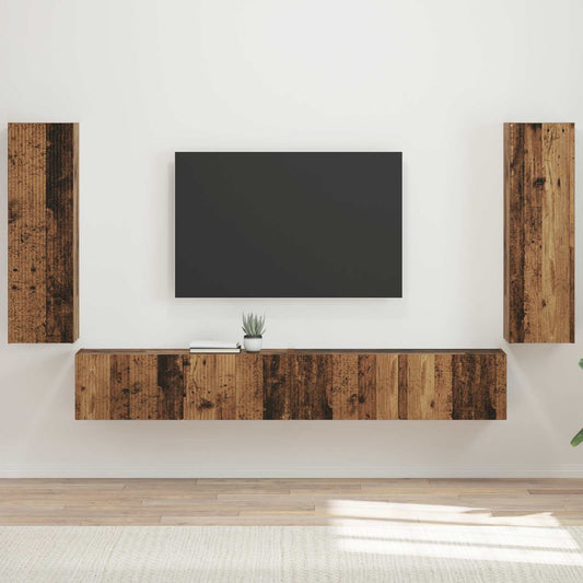 TV Wandkast Set Wandgemonteerd 4 pcs Oudhout Bewerkt hout is nu te koop bij PeponiXL, paradijselijk wonen!
