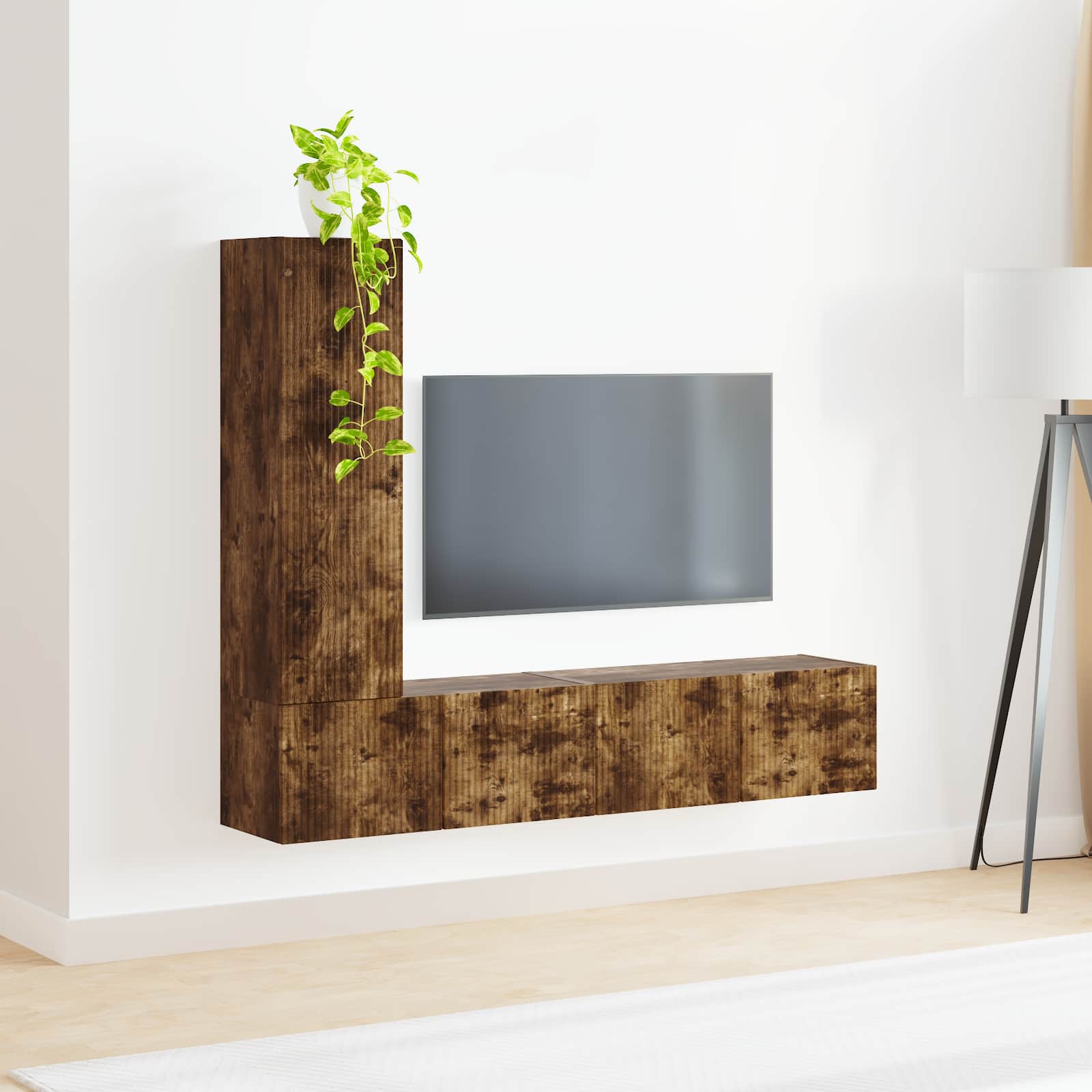 Tv-meubelset Wandgemonteerd 3 pcs Gerookt eiken Bewerkt hout is nu te koop bij PeponiXL, paradijselijk wonen!