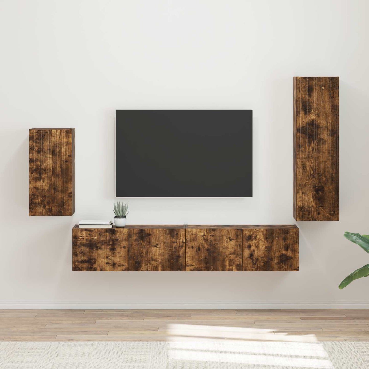 Tv-meubelset Wandgemonteerd 4 pcs Gerookt eiken Bewerkt hout is nu te koop bij PeponiXL, paradijselijk wonen!