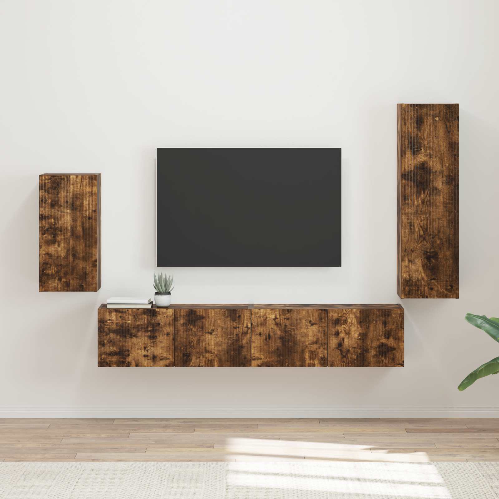 Tv-meubelset Wandgemonteerd 4 pcs Gerookt eiken Bewerkt hout is nu te koop bij PeponiXL, paradijselijk wonen!