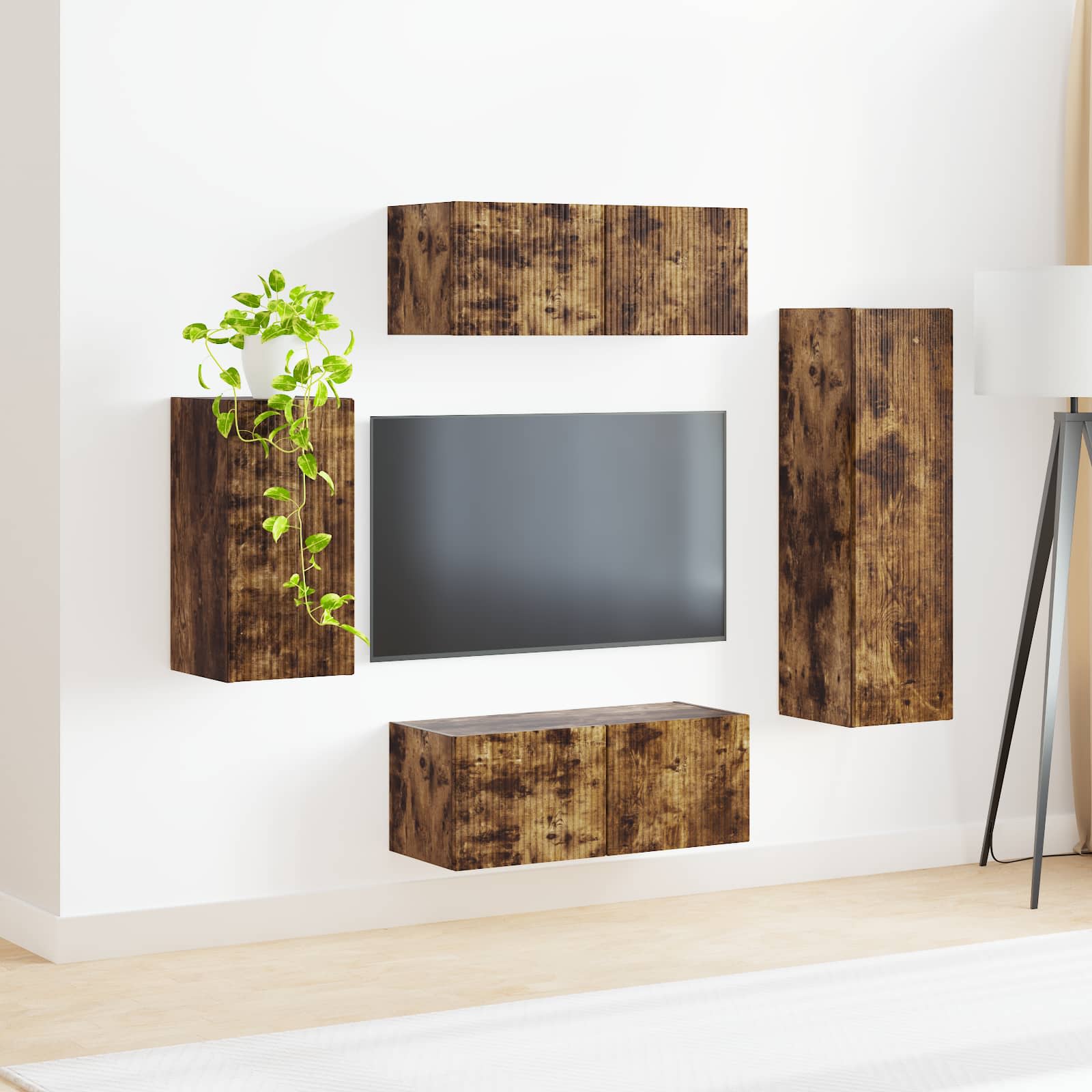 Tv-meubelset Wandgemonteerd 4 pcs Gerookt eiken Bewerkt hout is nu te koop bij PeponiXL, paradijselijk wonen!