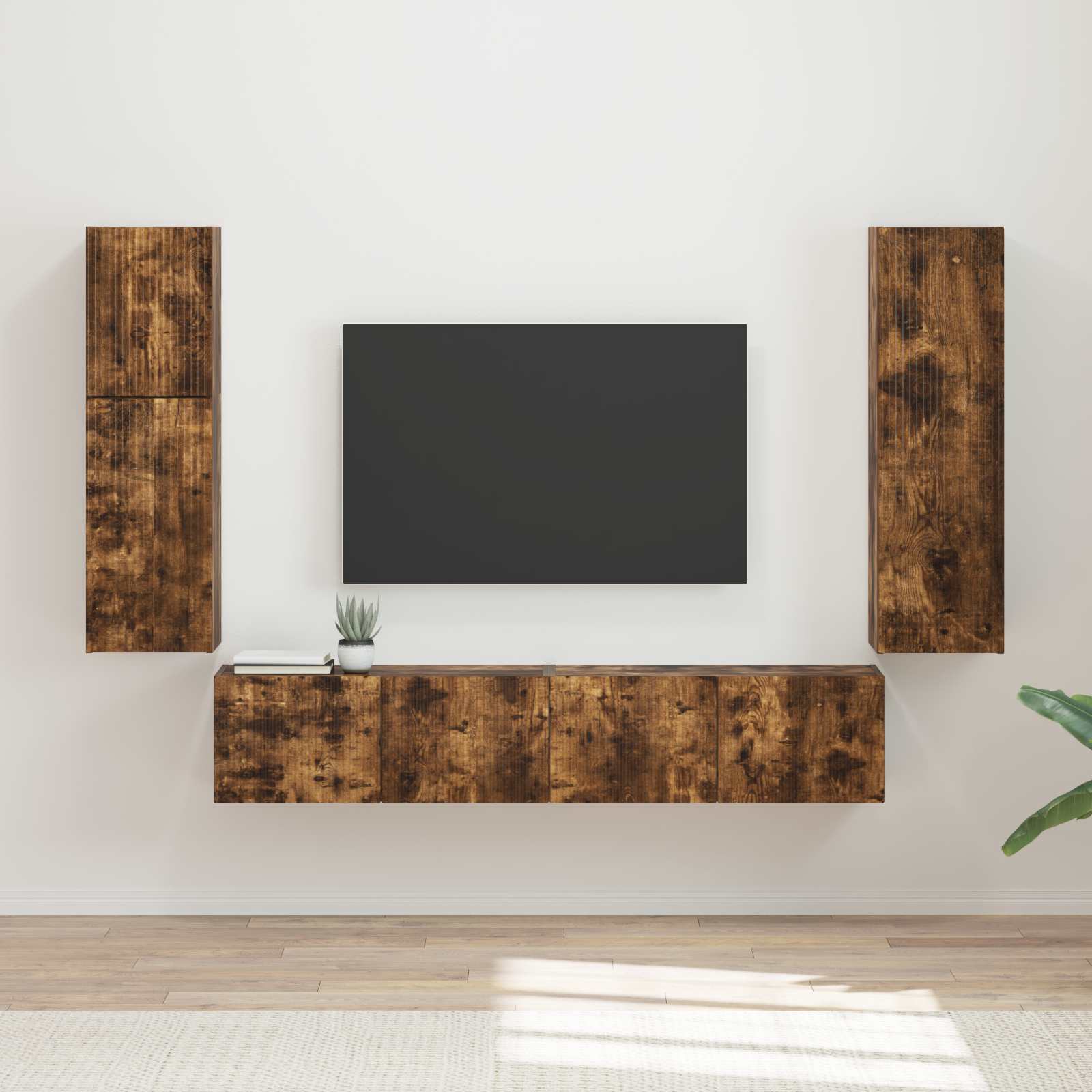 Tv-meubelset Wandgemonteerd 4 pcs Gerookt eiken Bewerkt hout is nu te koop bij PeponiXL, paradijselijk wonen!