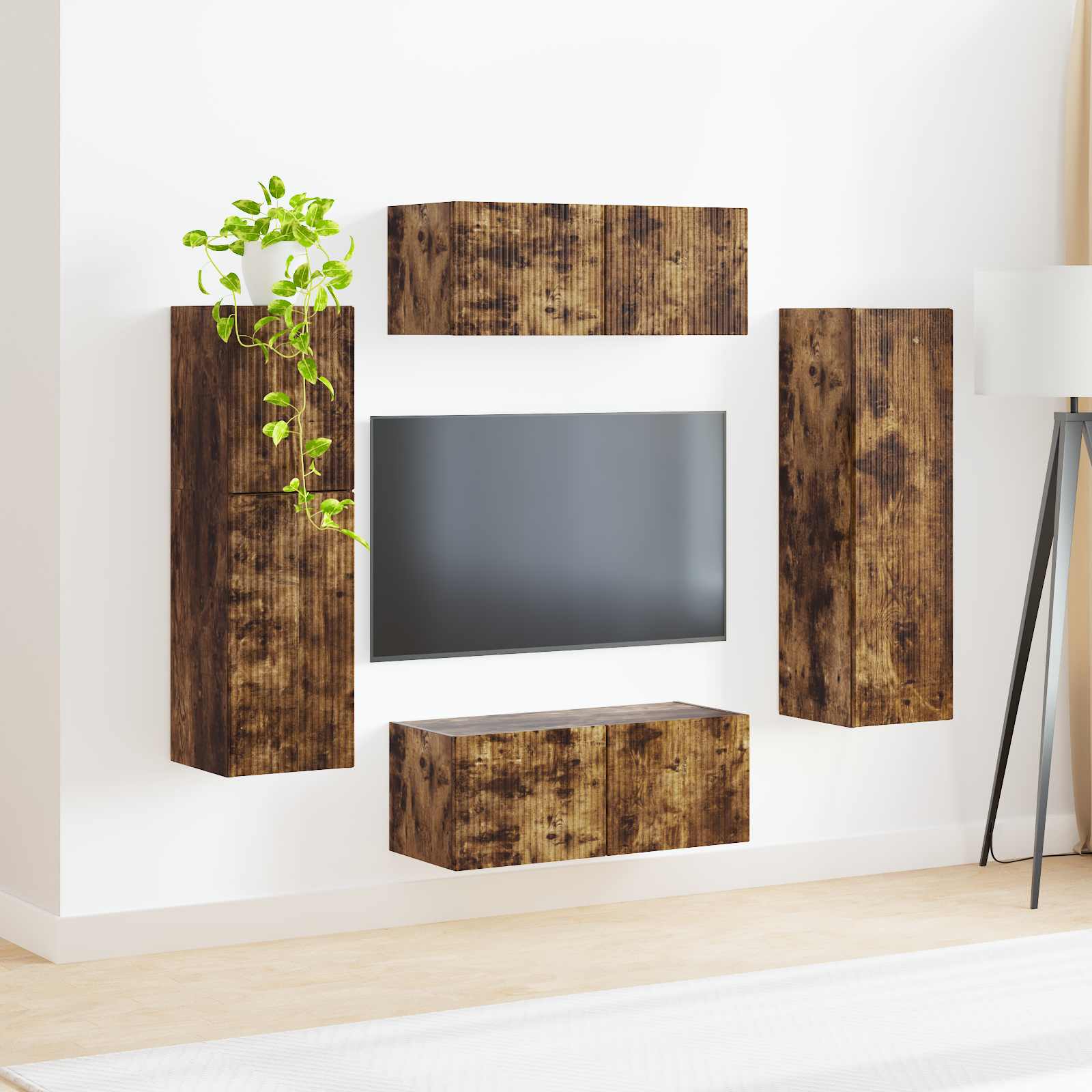 Tv-meubelset Wandgemonteerd 4 pcs Gerookt eiken Bewerkt hout is nu te koop bij PeponiXL, paradijselijk wonen!